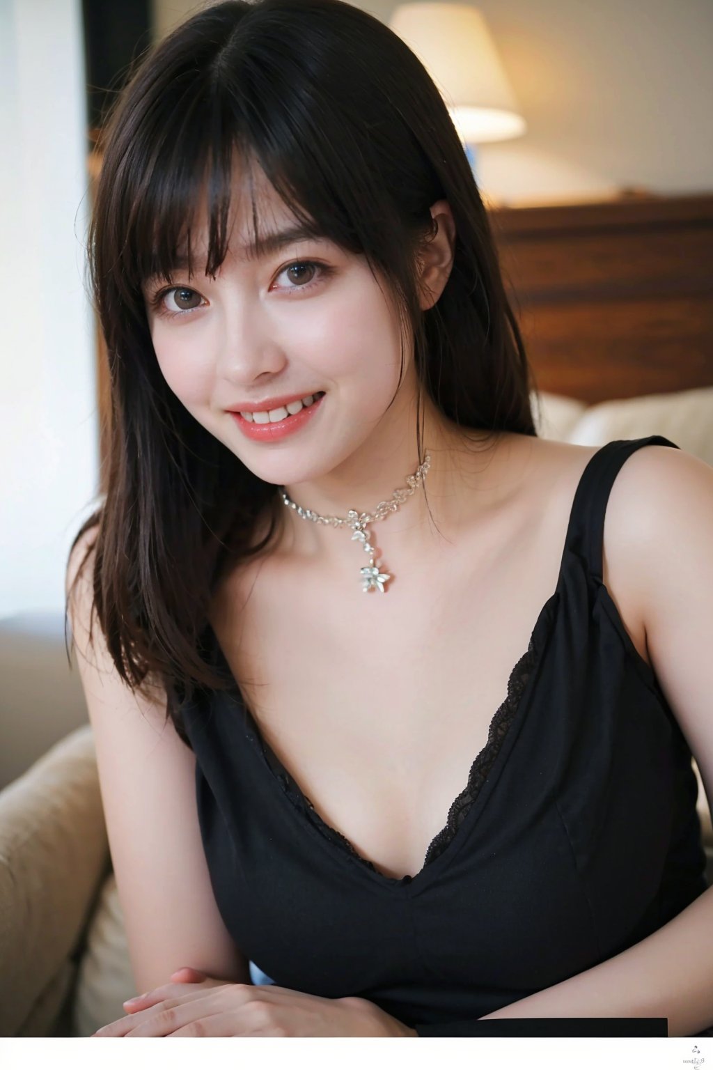 1girl, black hair, loose clothing, upper body, smiling, Cleavage,leaning forward, collar naturally falling, black lace underwear visible through collar, beautiful detailed eyes, light blush, looking at viewer, (cinematic composition:1.3), ambient light, HDR, Accent Lighting, wide-angle lens, best quality, masterpiece.