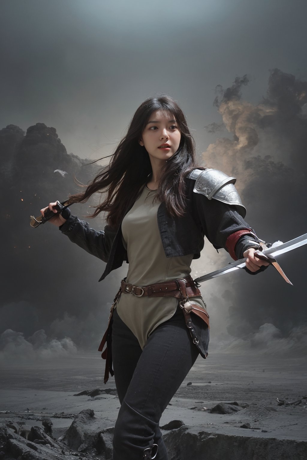 1girl, black hair, combat pose, (20yo), determined expression, glowing sword, shield, futuristic armor, dynamic action, energy effects, battlefield background, (explosion in distance:0.8), smoke, debris, high contrast lighting, (sword glow intensity:1.3), wide-angle lens, best quality, masterpiece.