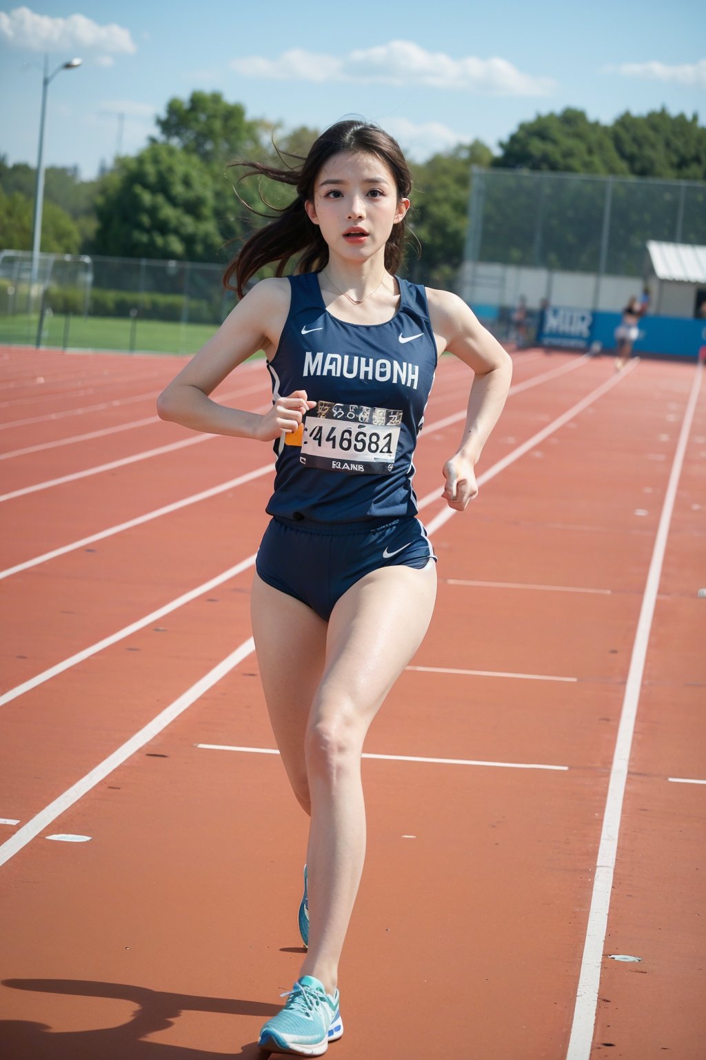 1girl, black hair, beautiful, marathon runner, competition, athletic outfit, running shoes, dynamic pose, sweating, determined expression, (track and field:1.3), sports track, clear sky, daytime, vibrant atmosphere, realistic style, wide-angle lens, best quality, masterpiece