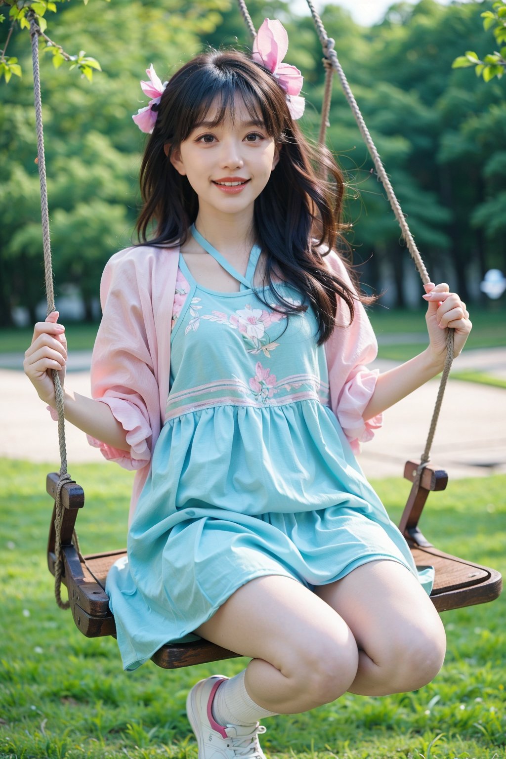 1girl, beautiful, black hair, long hair, swinging on a swing, park setting, green trees, sunny day, floral dress, white socks, pink sneakers, carefree expression, laughter, wind blowing hair, detailed skin texture, (joyful:1.2), vibrant colors, dynamic motion blur, best quality, masterpiece