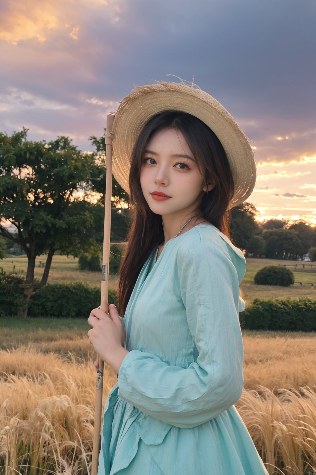 1girl, beautiful, black hair, long hair, farmer, field, agriculture, (18yo), innocent, detailed eyes, green dress, straw hat, holding scythe, wheat, sunset, peaceful, serene, rural, natural light, high resolution, best quality, masterpiece. 