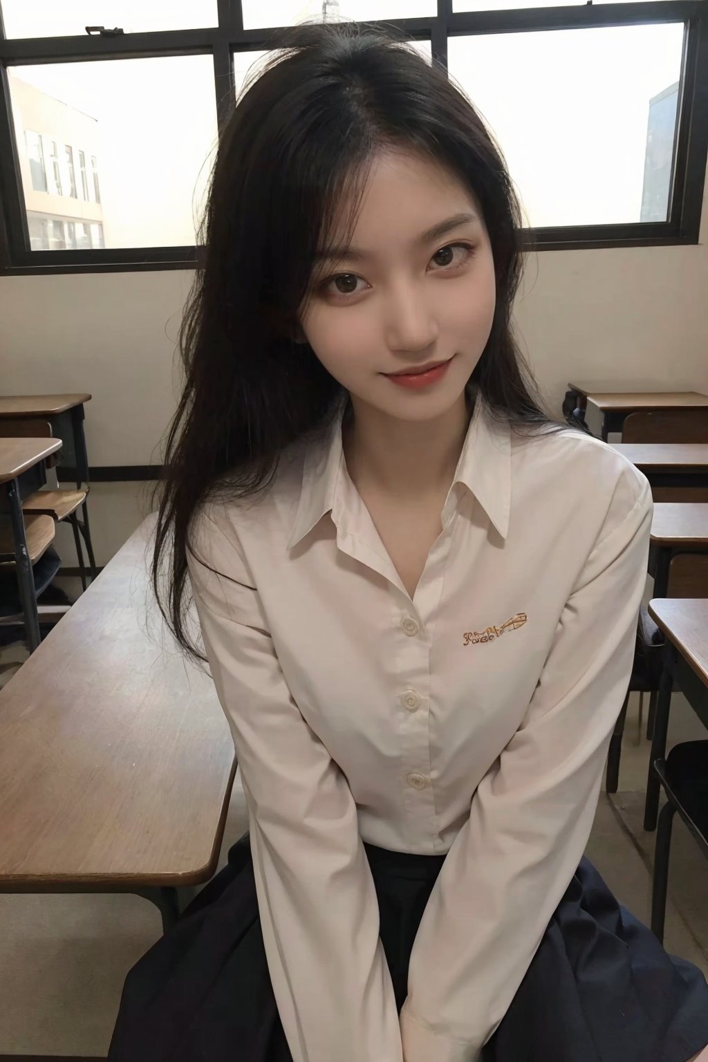 1girl, black hair, school, classroom, smiling, (20yo), beautiful detailed eyes, casual school uniform, sitting at desk, books, pencils, looking at viewer, natural light, detailed background, depth of field, realistic, ambient light, cinematic composition, best quality, masterpiece.