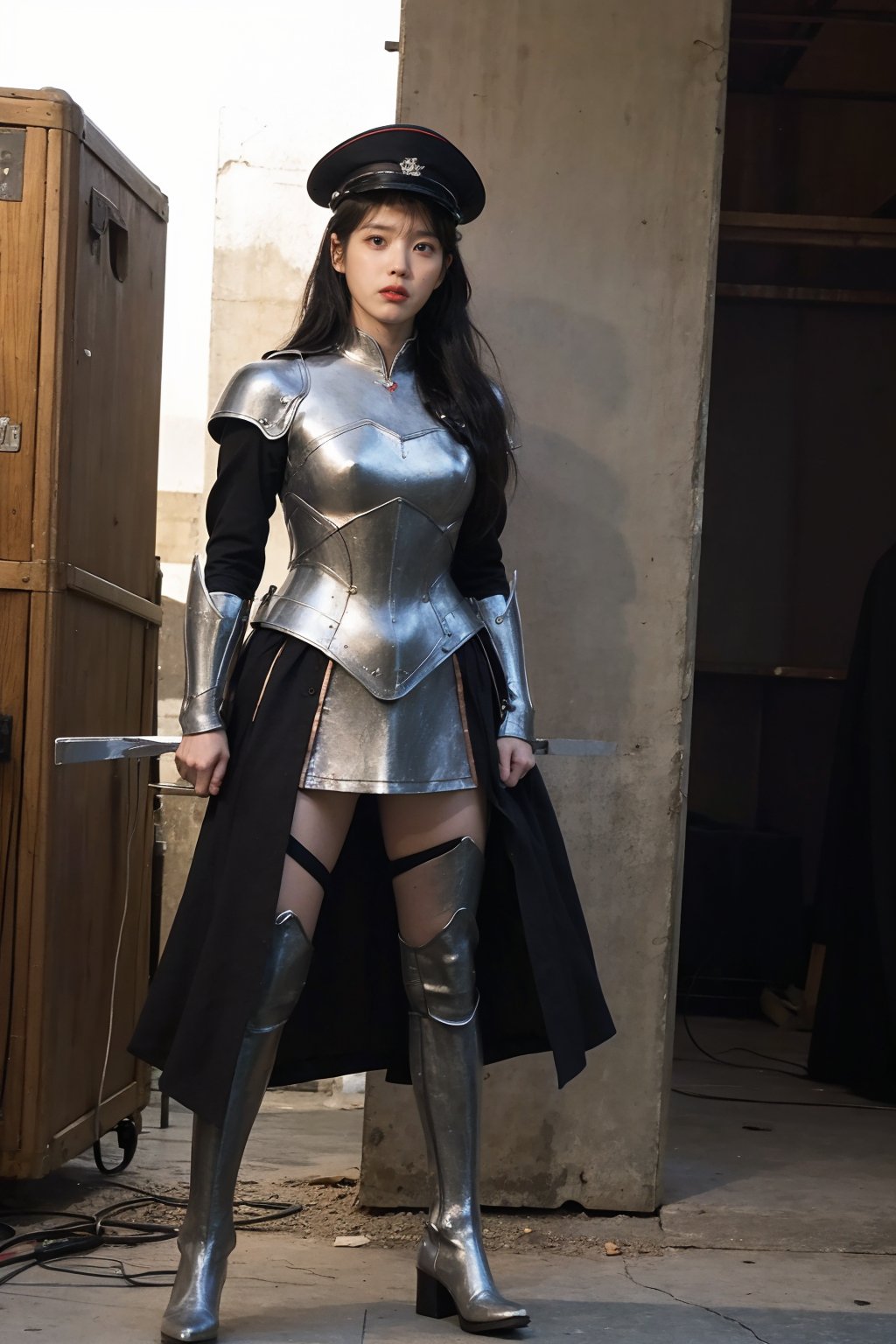 1girl, black hair, young, general, standing, full body, armor, sword, battlefield background, (captain's hat:1.2), (determined expression:1.3), (fierce gaze:1.4), medieval era, realistic, ambient light, cinematic composition, wide-angle lens, best quality, masterpiece.