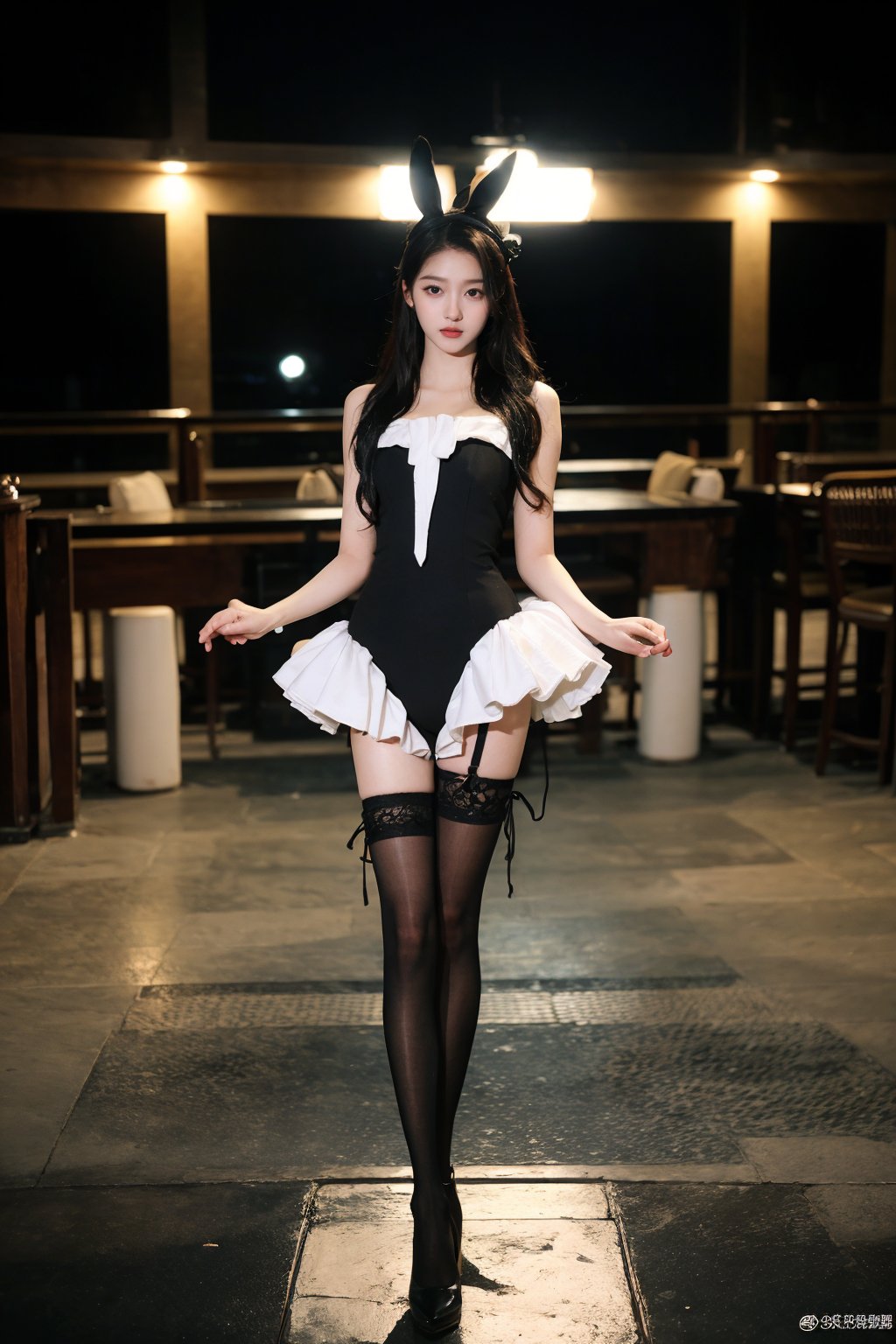 1girl, black hair, bunny girl costume, sexy, standing pose, full-body shot, detailed eyes, playful expression, fluffy tail, ears headband, laced tights, high heels, alluring posture, soft lighting, (cinematic composition:1.3), best quality, masterpiece.