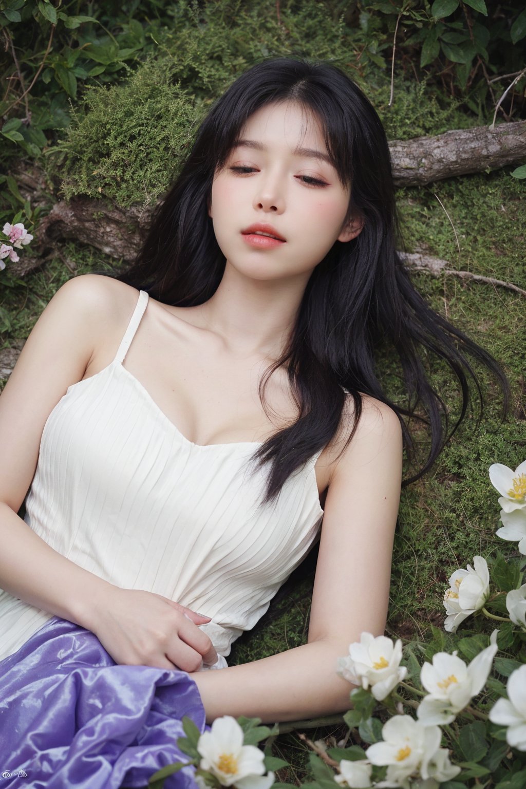 1girl, dead, beautiful, pale corpse, black hair, long hair, detailed eyes, closed eyes, lips slightly open,peaceful expression, white dress, bloodless, (lying on ground), surrounded by flowers, dark forest background, moonlight, eerie atmosphere, high-quality, masterpiece.