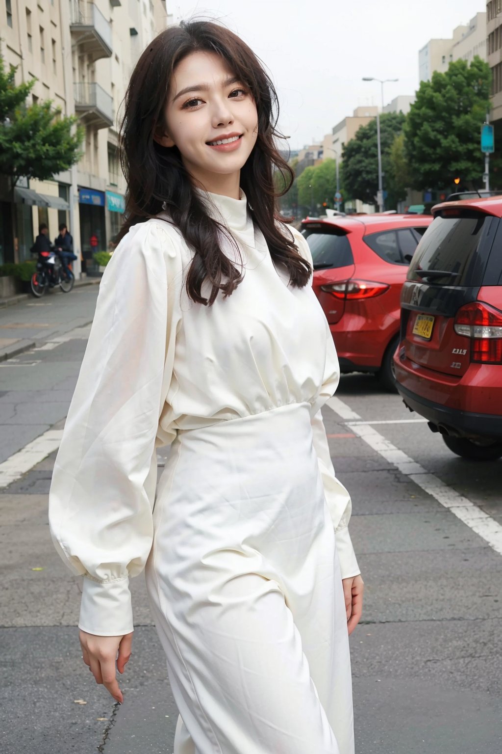 best quality,masterpiece,ultra high res,looking at viewer,simple background, 1girl, solo, looking_at_viewer, black hair,realistic,slim,(smile)(,Walking on the street),