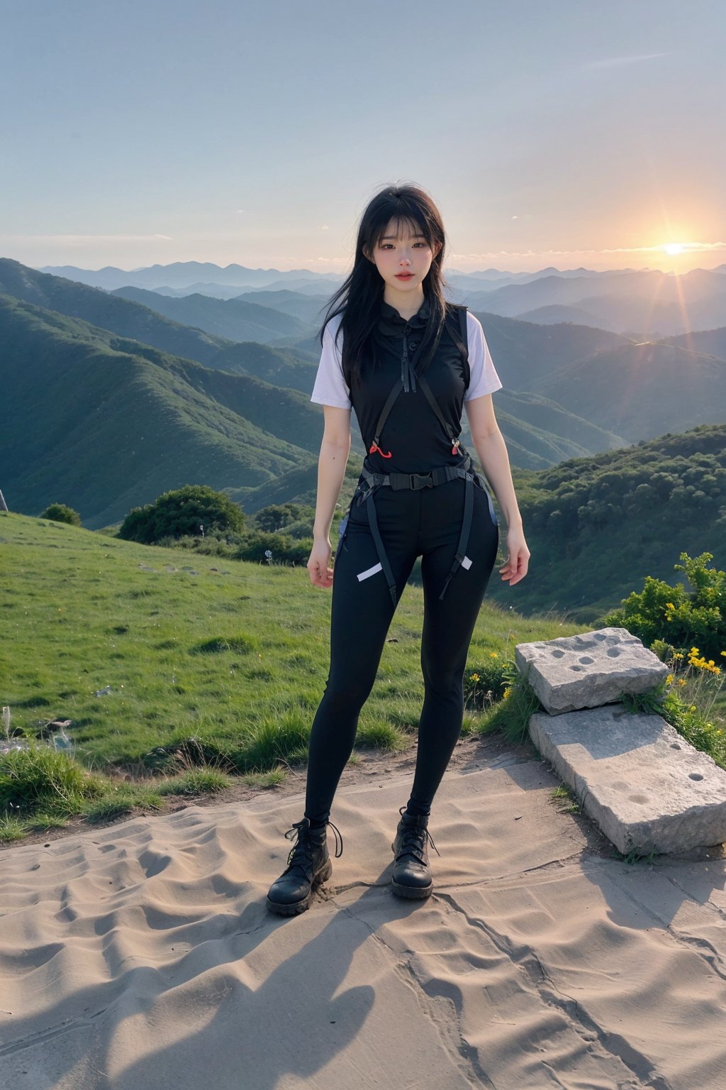 1girl, black hair, standing on a mountain top, full body shot, wearing climbing gear, hiking attire, (mountain range:1.3), (peak:1.2), (sunset:0.9), vibrant colors, clear sky, high resolution, realistic style, wide-angle lens, best quality, masterpiece.