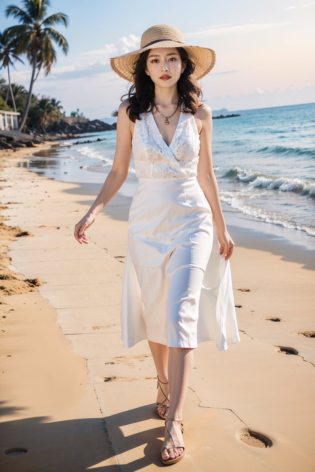 1girl, beautiful, walking on the beach, long hair, blonde, blue eyes, white dress, summer vibes, sandals, seashell necklace, sunhat, sunset background, ocean waves, golden hour light, tropical palm trees, seagulls flying, peaceful atmosphere, (vivid colors:1.2), (warm tones:1.1), wide-angle lens, cinematic composition, best quality, masterpiece