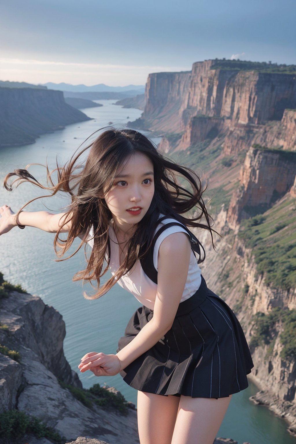 1girl, black hair, falling, cliff edge, panic expression, wind blowing hair, arms outstretched, (skirt billowing:1.2), rocky terrain below, (heightened sense of danger:1.3), dynamic motion, high detail, realistic style, ambient lighting, (shocking moment:1.5), HDR, wide-angle lens, best quality, masterpiece.