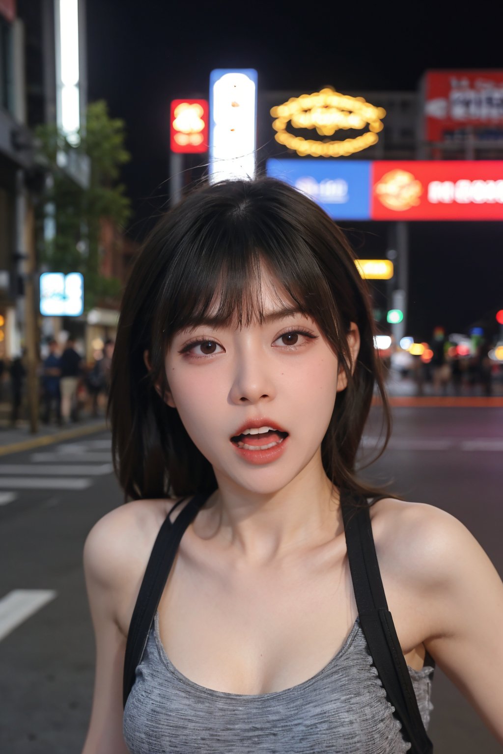 1girl, black hair, teenage, fearful expression, running, nighttime, city streets, alone, (dark shadows:0.8), (moonlight:1.2), blurred background motion, detailed face, wide eyes, open mouth, wind-blown hair, fast movement, urban environment, neon signs, streetlights, (panic:1.5), best quality, masterpiece