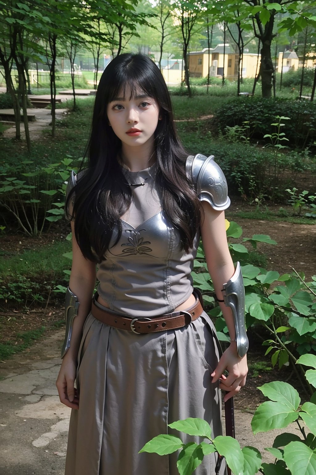 1girl, medieval, warrior, beautiful, black hair, long hair, (18yo), determined expression, wearing armor, sword on belt, standing in forest, sunlight filtering through trees, green leaves, brown bark, moss on ground, peaceful atmosphere, realistic style, best quality, masterpiece.