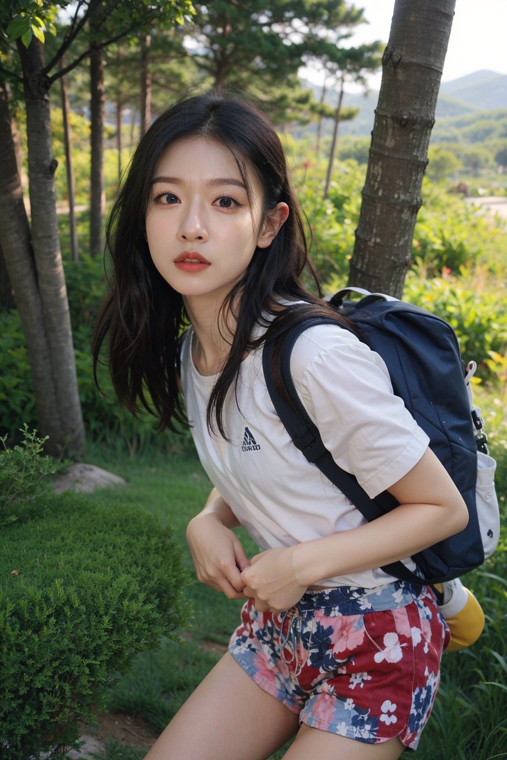 1girl, mountain climbing, beautiful, black hair, long hair, athletic, determined, nature, rocky terrain, (mountain peak:1.3), clear sky, sunlight, trees, (vivid colors:1.2), detailed expressions, dynamic pose, (rope:0.9), (carabiner:0.9), hiking boots, backpack, outdoor adventure, serene atmosphere, depth of field, realistic, ambient light, wide-angle lens, best quality, masterpiece.