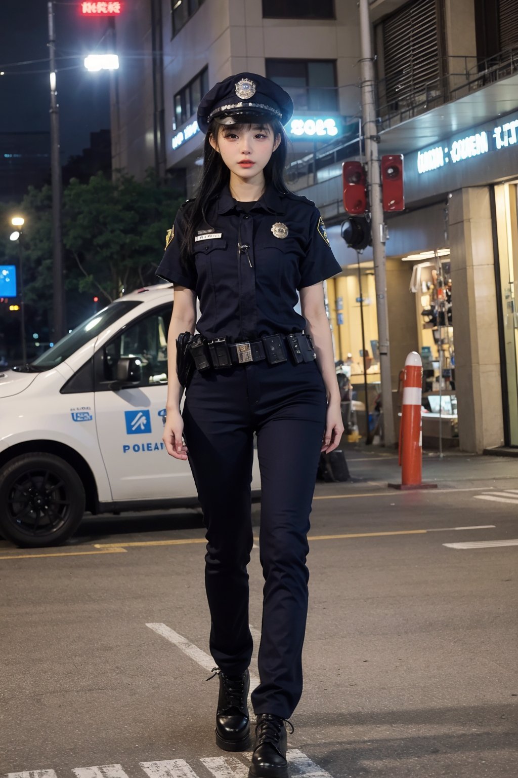 1girl, black hair, young, female police officer, patrolling, street view, full body shot, uniform, cap, badge, utility belt, nightstick, focused expression, city background, daytime, realistic style, high-quality resolution, masterpiece.