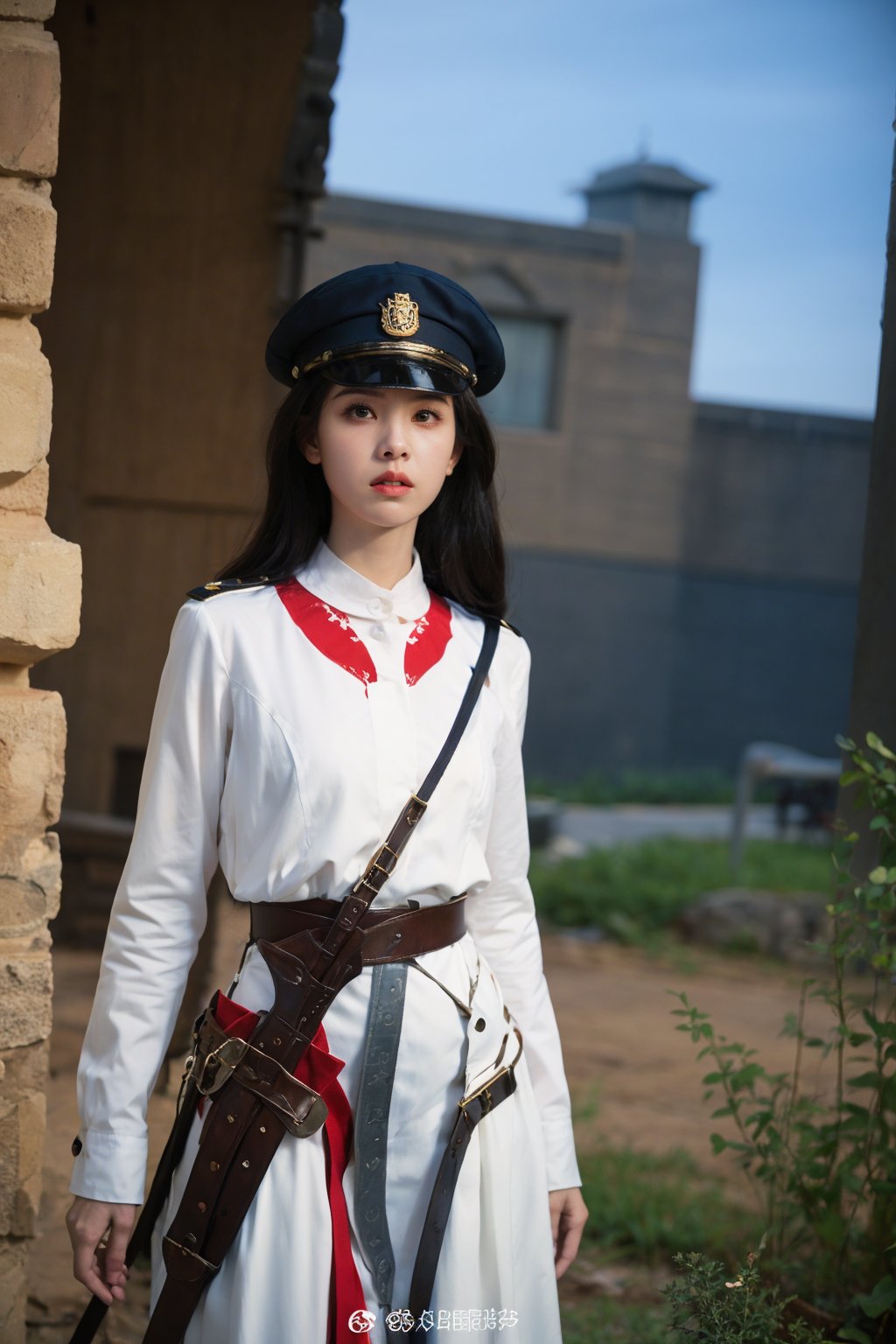 1girl, black hair, young, general, standing, full body, armor, sword, battlefield background, (captain's hat:1.2), (determined expression:1.3), (fierce gaze:1.4), medieval era, realistic, ambient light, cinematic composition, wide-angle lens, best quality, masterpiece.