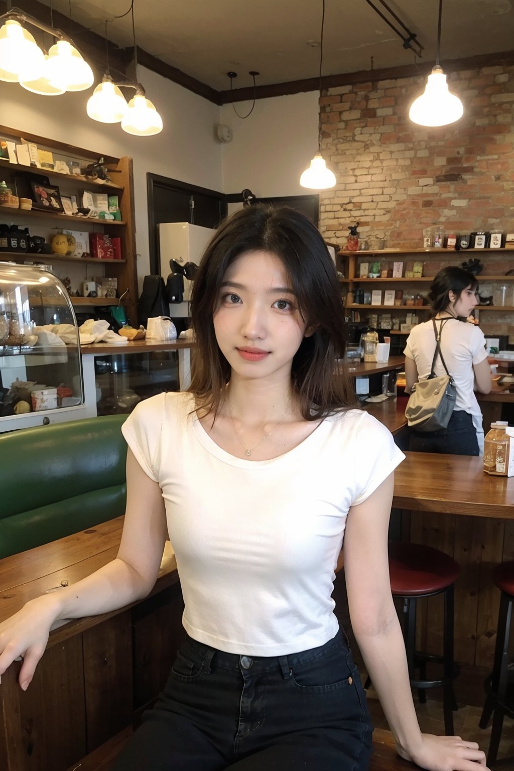 1girl, beautiful, black hair, smiling, sitting in a cafe, (18yo), detailed eyes, light blush, casual wear, white t-shirt, jeans, coffee cup in hand, surrounded by cafe ambiance, wooden tables, cozy lighting, books on shelves, (vintage clock:1.2), realistic, depth of field, ambient light, (cinematic composition:1.3), soft focus background, HDR, Accent Lighting, medium shot, best quality, masterpiece.