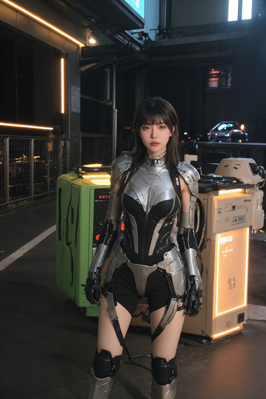 提示词参考：1 girl, black hair, full body shot, modern mecha suit, high-tech, futuristic design, exoskeleton, detailed armor plating, LED lights, dynamic pose, (energy weapon:1.0), cybernetic enhancements, (glowing circuits:0.8), battle-ready stance, cityscape background, neon signs, nighttime, (reflections on armor:1.3), (smoke effect:0.7), cinematic composition, depth of field, realistic textures, ambient light, HDR, Accent Lighting, wide-angle lens, best quality, masterpiece.