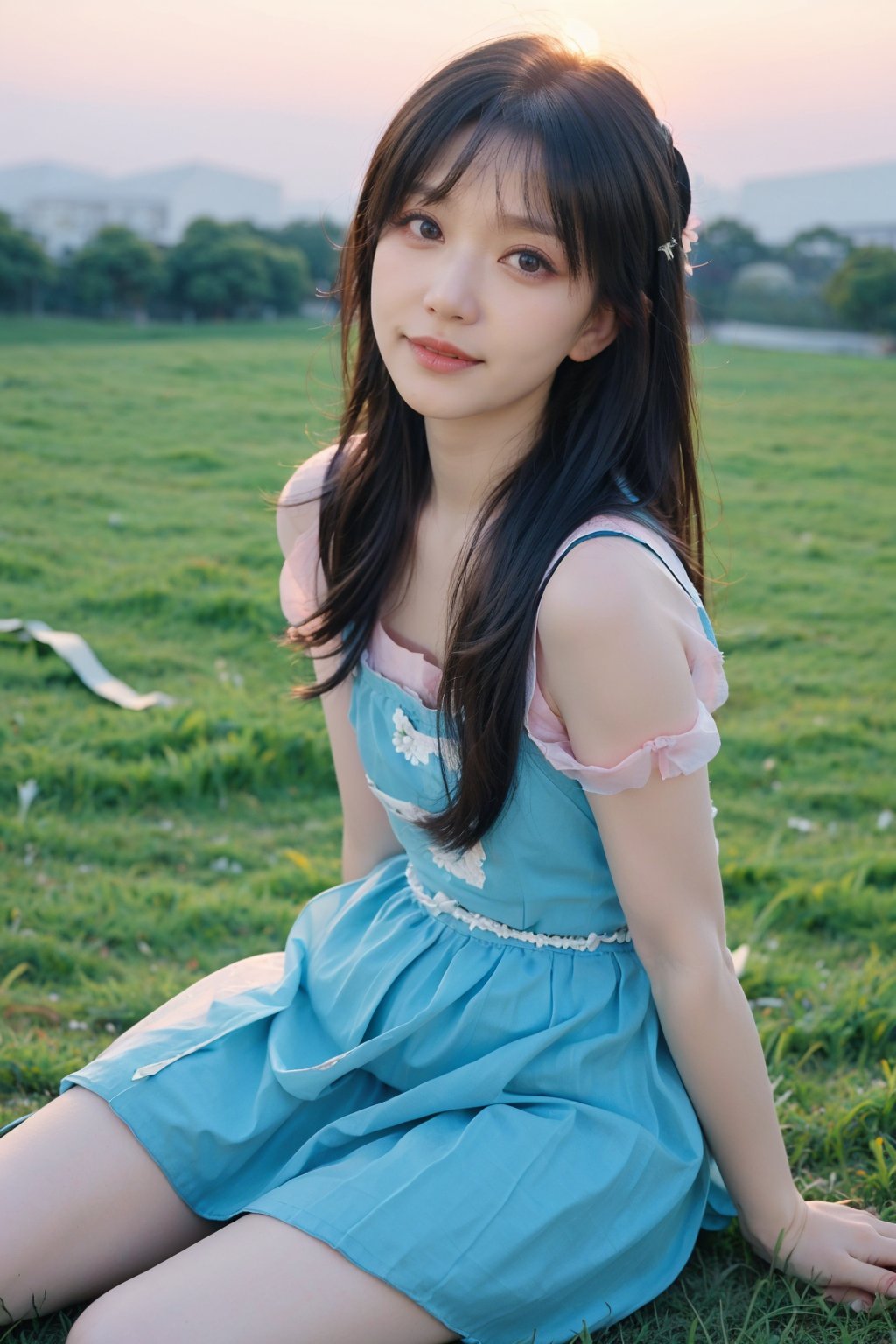 1girl, beautiful, black hair, long hair, fallen, grass field, (blue dress:1.2), white socks, school uniform, injured, looking at viewer, tears, light blush, beautifully detailed eyes, sunset background, orange and pink sky, depth of field, realistic, ambient light, (cinematic composition:1.3), soft focus, HDR, best quality, masterpiece