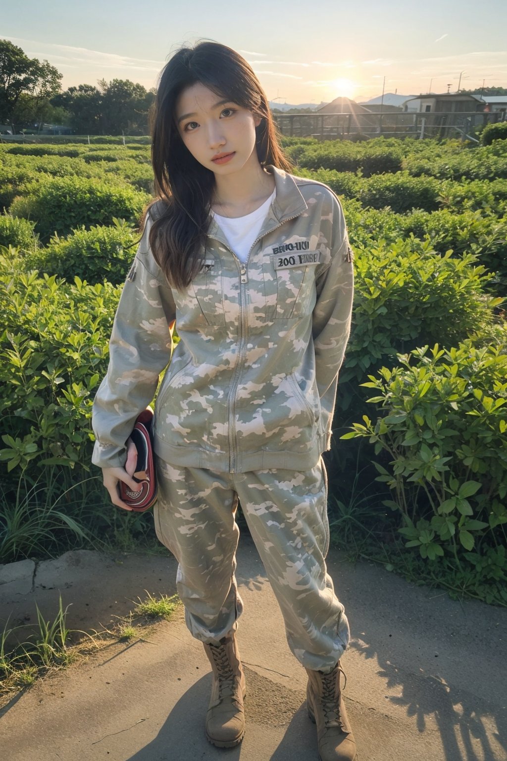 1girl, soldier, standing at attention, black hair, short hair, young (18yo), serious expression, military uniform, camouflage pattern, combat boots, outdoors, grass field, sunset, golden hour light, clear sky, detailed background, depth of field, realistic, ambient light, (cinematic composition:1.3), high definition, best quality, masterpiece