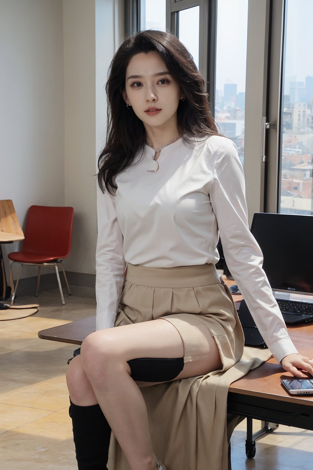 1girl, office lady, solo, (20yo), beautiful, detailed eyes, black hair, long hair, business suit, white shirt, black skirt, high heels, thighhighs, office, desk, computer, documents, window view, cityscape, beautifully detailed background, depth of field, realistic, ambient light, (cinematic composition:1.3), HDR, Accent Lighting, wide-angle lens, best quality, masterpiece