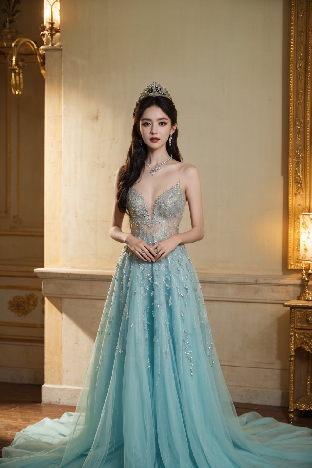 1girl, black hair, queen costume, luxurious clothing, full body shot, smiling, (crown:1.2), (jewelry:1.3), (gown:1.5), detailed textures, elegant pose, regal aura, soft lighting, ornate background, royal throne, palace interior, high resolution, best quality, masterpiece