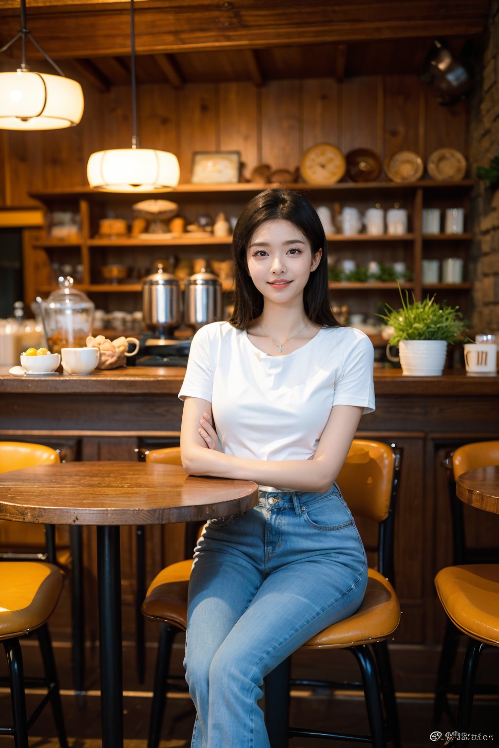 1girl, beautiful, black hair, smiling, sitting in a cafe, (18yo), detailed eyes, light blush, casual wear, white t-shirt, jeans, coffee cup in hand, surrounded by cafe ambiance, wooden tables, cozy lighting, books on shelves, (vintage clock:1.2), realistic, depth of field, ambient light, (cinematic composition:1.3), soft focus background, HDR, Accent Lighting, medium shot, best quality, masterpiece.