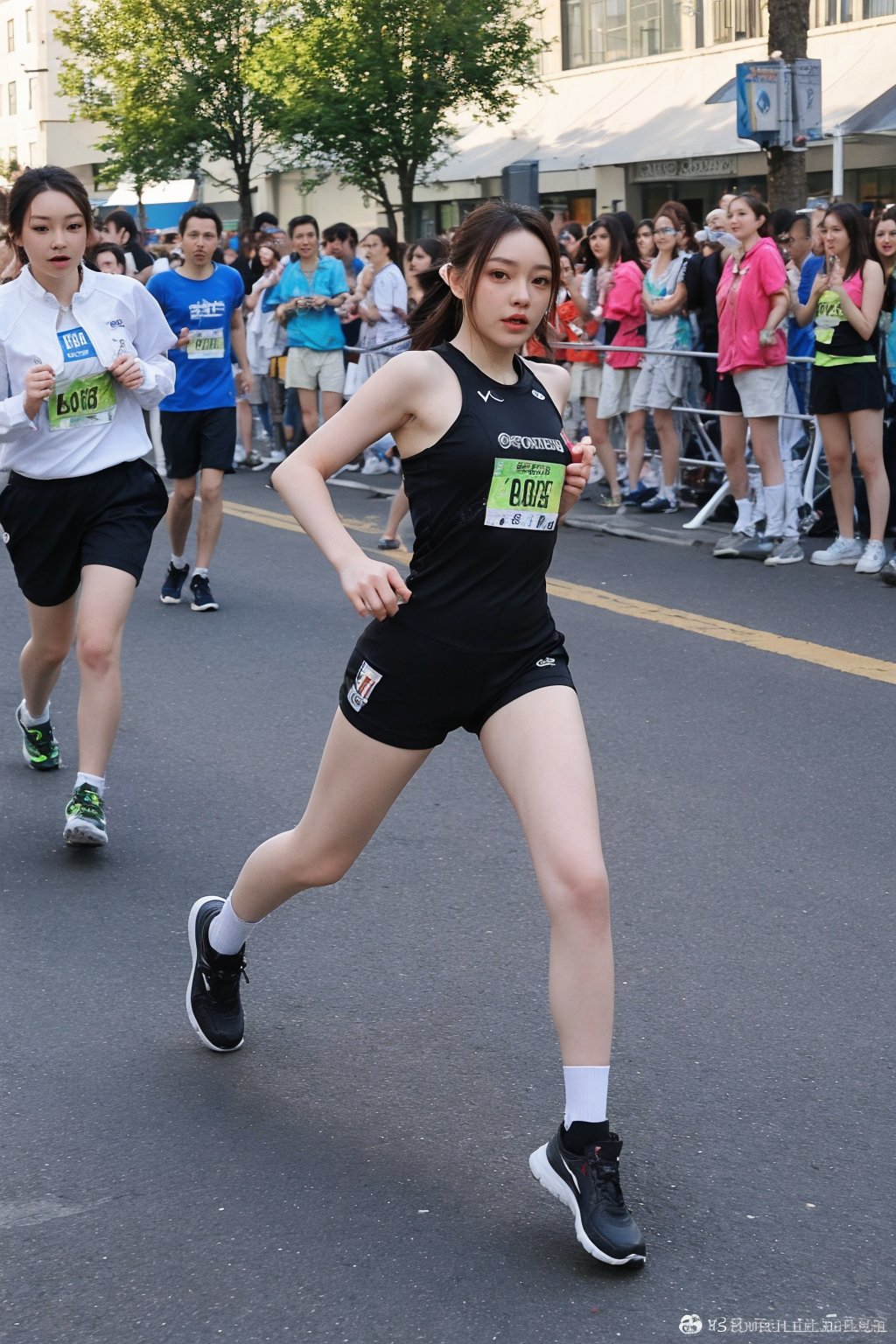 1girl, black hair, full body, sportswear, marathon running, dynamic pose, (16yo), determined expression, sweat, windblown hair, city marathon background, crowd cheering, clear sky, sunrise, vibrant colors, energy boost, detailed muscles, motion blur: legs, high quality, best quality, masterpiece.