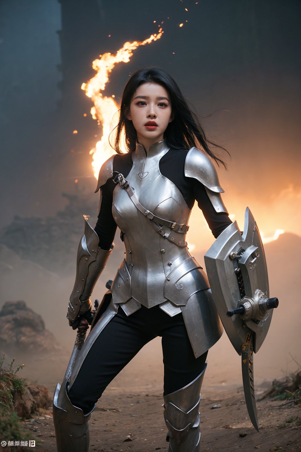 1girl, black hair, combat pose, (20yo), determined expression, glowing sword, shield, futuristic armor, dynamic action, energy effects, battlefield background, (explosion in distance:0.8), smoke, debris, high contrast lighting, (sword glow intensity:1.3), wide-angle lens, best quality, masterpiece.