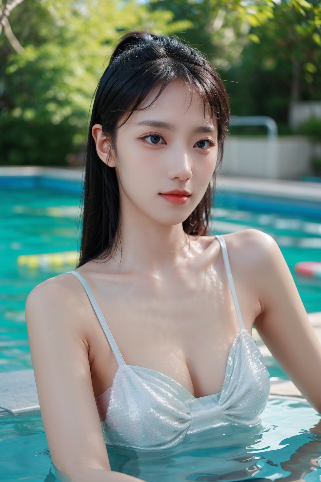 1girl, black hair, swimming, (Cleavage), blue swimsuit, detailed facial features, dynamic water splashes, outdoor pool, sunny, (water reflection:1.2), clear water, surrounded by nature, green trees, (shimmering light on water:1.3), realistic style, ambient light, (cinematic composition:1.1), wide-angle lens, best quality, masterpiece