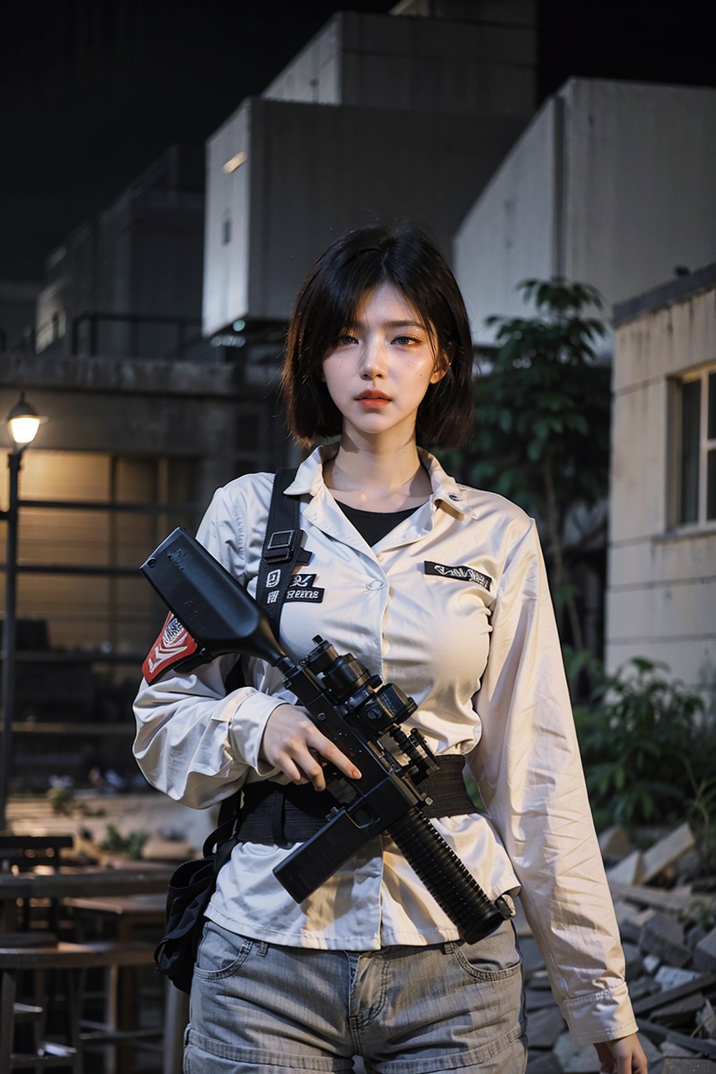 1girl, black hair, beautiful, detailed eyes, (18yo), determined expression, combat uniform, camouflage pattern, holding a rifle, firing pose, battlefield background, smoke, explosions in distance, ruined buildings, (moonlight:1.2), realistic, dynamic lighting, high-contrast, depth of field, (cinematic composition:1.3), gritty textures, wide-angle lens, best quality, masterpiece.