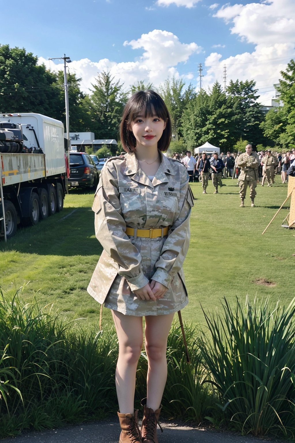 1girl, soldier, standing at attention, black hair, short hair, young (18yo), serious expression, military uniform, camouflage pattern, combat boots, outdoors, grass field, sunset, golden hour light, clear sky, detailed background, depth of field, realistic, ambient light, (cinematic composition:1.3), high definition, best quality, masterpiece