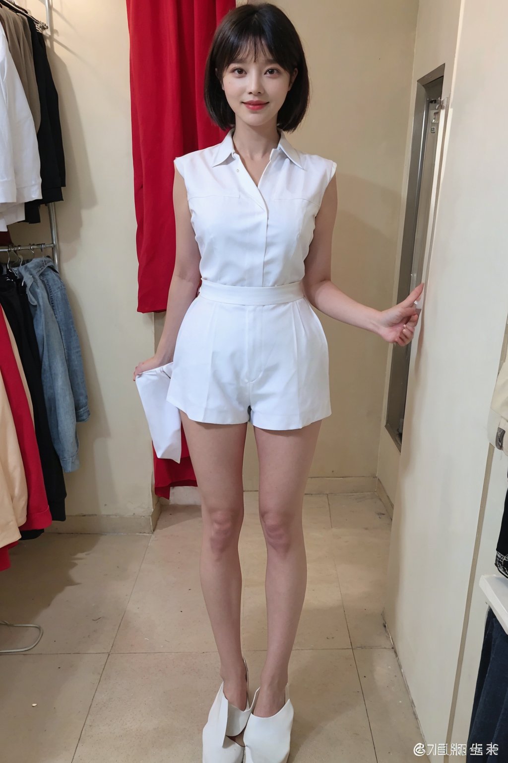 1girl, black hair, (20yo), sexy, beautiful detailed eyes, striped bodysuit, (size: S), looking at viewer, trying on clothes, fitting room, changing, undressing, holding up dress, white shirt, high waisted shorts, black heels,  fashion store, bright light, realistic background, depth of field, realism, ambient light, (cinematic composition:1.3), best quality, masterpiece