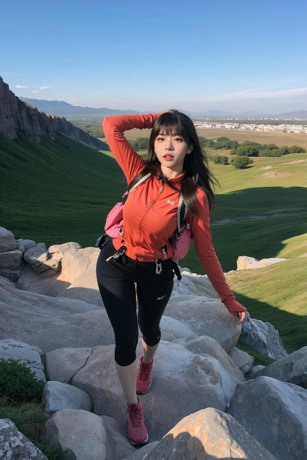 1girl, black hair, young lady, climbing a mountain, full body shot, athletic outfit, hiking boots, backpack, (sunrise:1.2), rocky terrain, greenery, high altitude, clear sky, (vivid colors:1.3), dynamic pose, determined expression, (sweating:0.8), natural light, wide-angle lens, best quality, masterpiece.