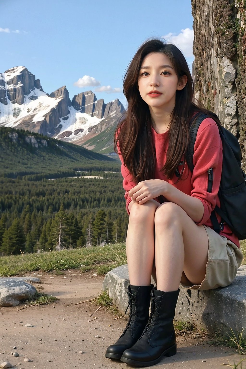 1girl, mountain climbing, beautiful, black hair, long hair, athletic, determined, nature, rocky terrain, (mountain peak:1.3), clear sky, sunlight, trees, (vivid colors:1.2), detailed expressions, dynamic pose, (rope:0.9), (carabiner:0.9), hiking boots, backpack, outdoor adventure, serene atmosphere, depth of field, realistic, ambient light, wide-angle lens, best quality, masterpiece.