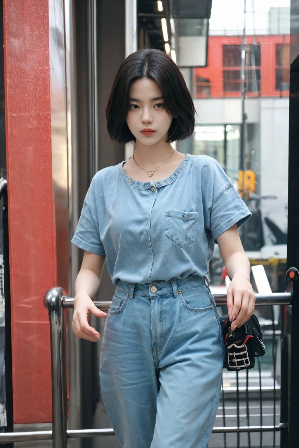 1girl, black hair, running, street, dynamic pose, (20yo), casual wear, short hair, bright eyes, looking forward, sneakers, jeans, t-shirt, city background, daytime, sunlight, realistic, ambient light, (cinematic composition:1.3), wide-angle lens, best quality, masterpiece