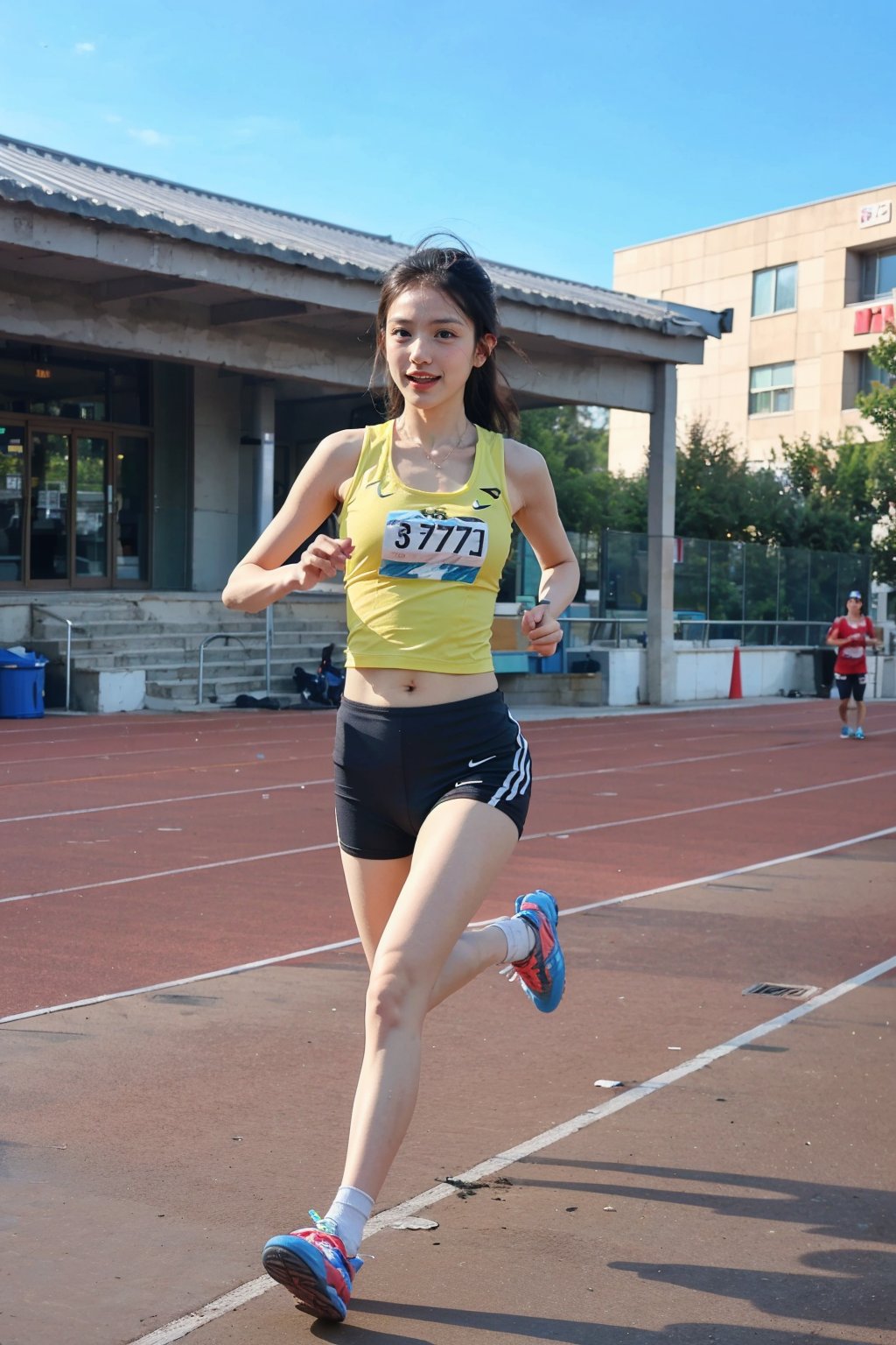 1girl, black hair, beautiful, marathon runner, competition, athletic outfit, running shoes, dynamic pose, sweating, determined expression, (track and field:1.3), sports track, clear sky, daytime, vibrant atmosphere, realistic style, wide-angle lens, best quality, masterpiece