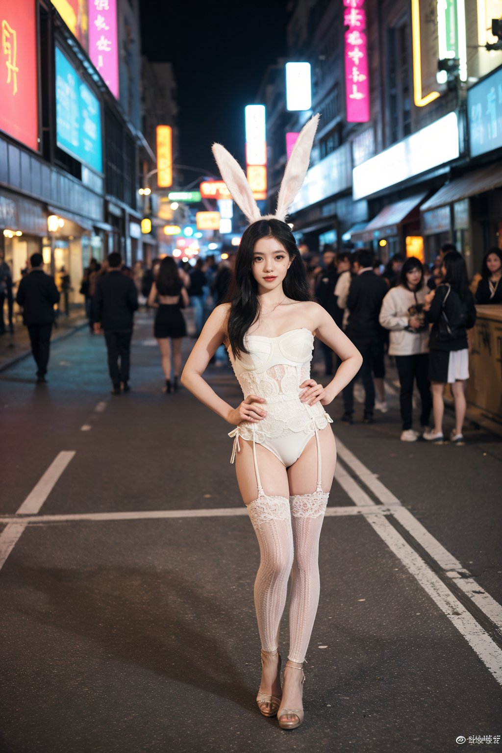 1girl, black hair, bunny girl costume, standing, full body, street background, cityscape, night time, neon signs, (sexy:0.8), beautiful, detailed eyes, playful pose, high heels, lacey stockings, (bunny ears:1.2), (tail:1.2), urban atmosphere, vibrant colors, (cinematic composition:1.3), wide-angle lens, best quality, masterpiece