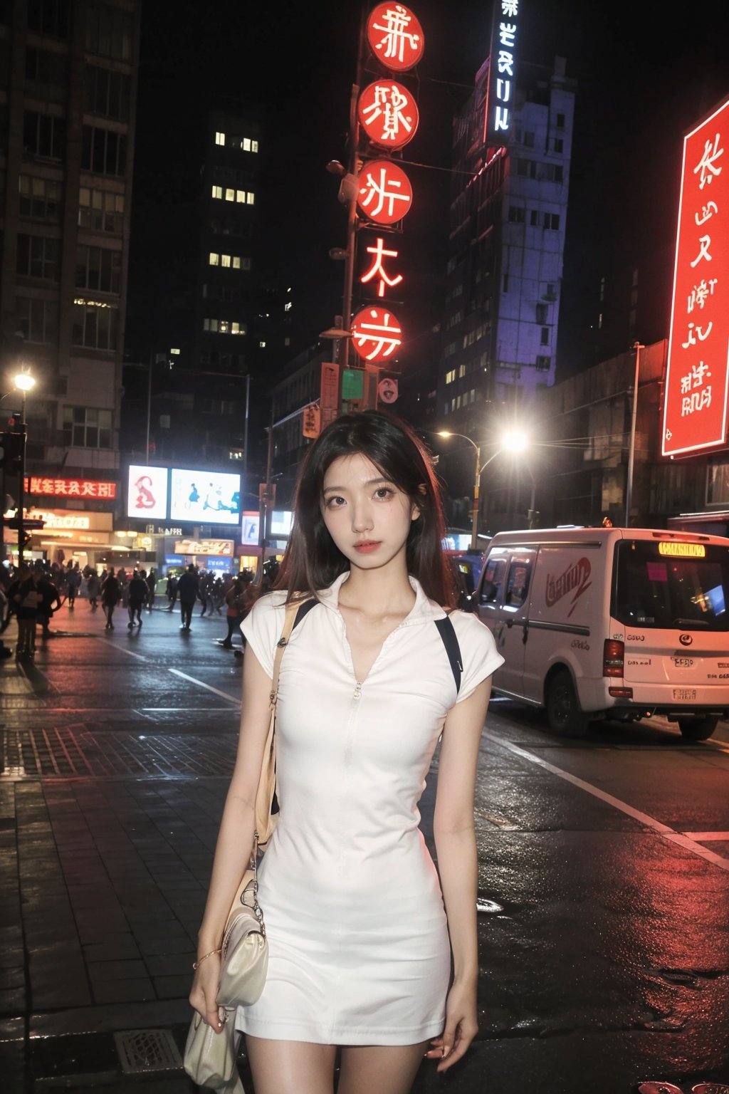 1girl, beautiful, black hair, long hair, solo, (18yo), (athletic, running), city background, urban landscape, skyscrapers, streets, night time, streetlights, dynamic pose, flowing dress, determined expression, high-quality sneakers, neon signs, reflections on wet pavement, ambient city lights, depth of field, realistic, (cinematic composition:1.3), wide-angle lens, best quality, masterpiece