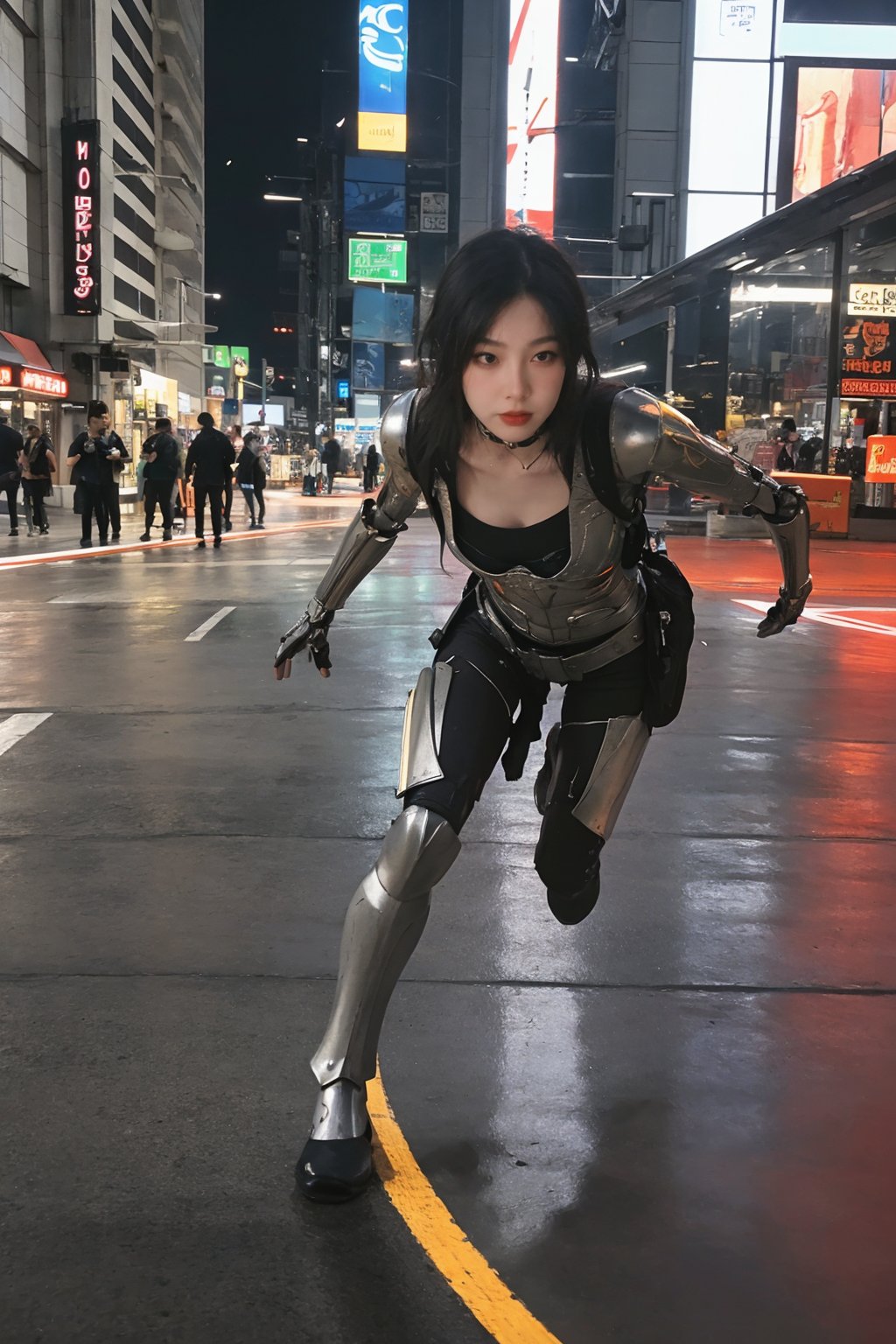 提示词参考：1 girl, black hair, full body shot, modern mecha suit, high-tech, futuristic design, exoskeleton, detailed armor plating, LED lights, dynamic pose, (energy weapon:1.0), cybernetic enhancements, (glowing circuits:0.8), battle-ready stance, cityscape background, neon signs, nighttime, (reflections on armor:1.3), (smoke effect:0.7), cinematic composition, depth of field, realistic textures, ambient light, HDR, Accent Lighting, wide-angle lens, best quality, masterpiece.