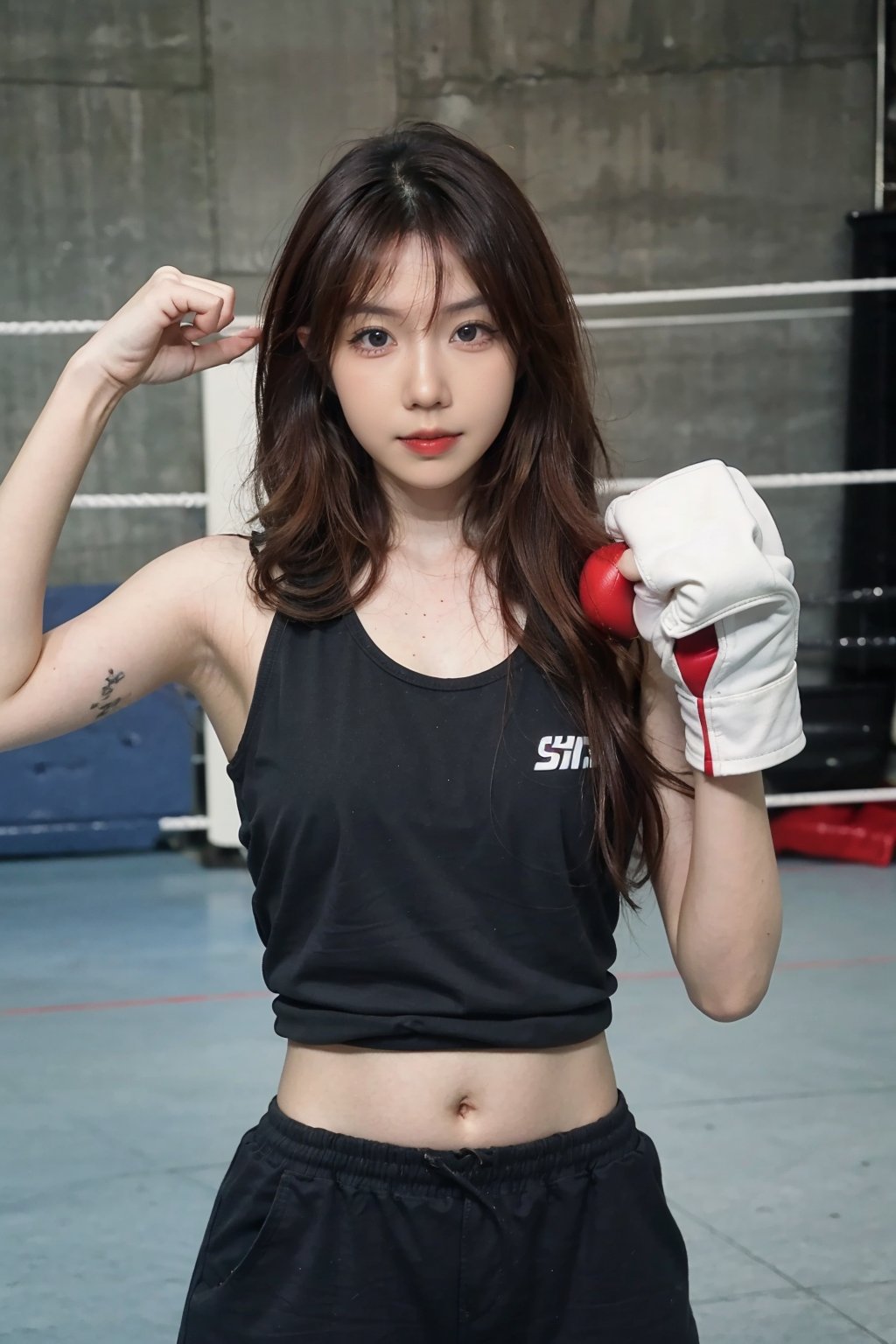 1girl, beautiful, black hair, young, (20yo), determined expression, boxing ring, punching, sportswear, dynamic pose, sweat, intense eyes, focused, gym, bright lighting, realistic style, best quality, masterpiece.