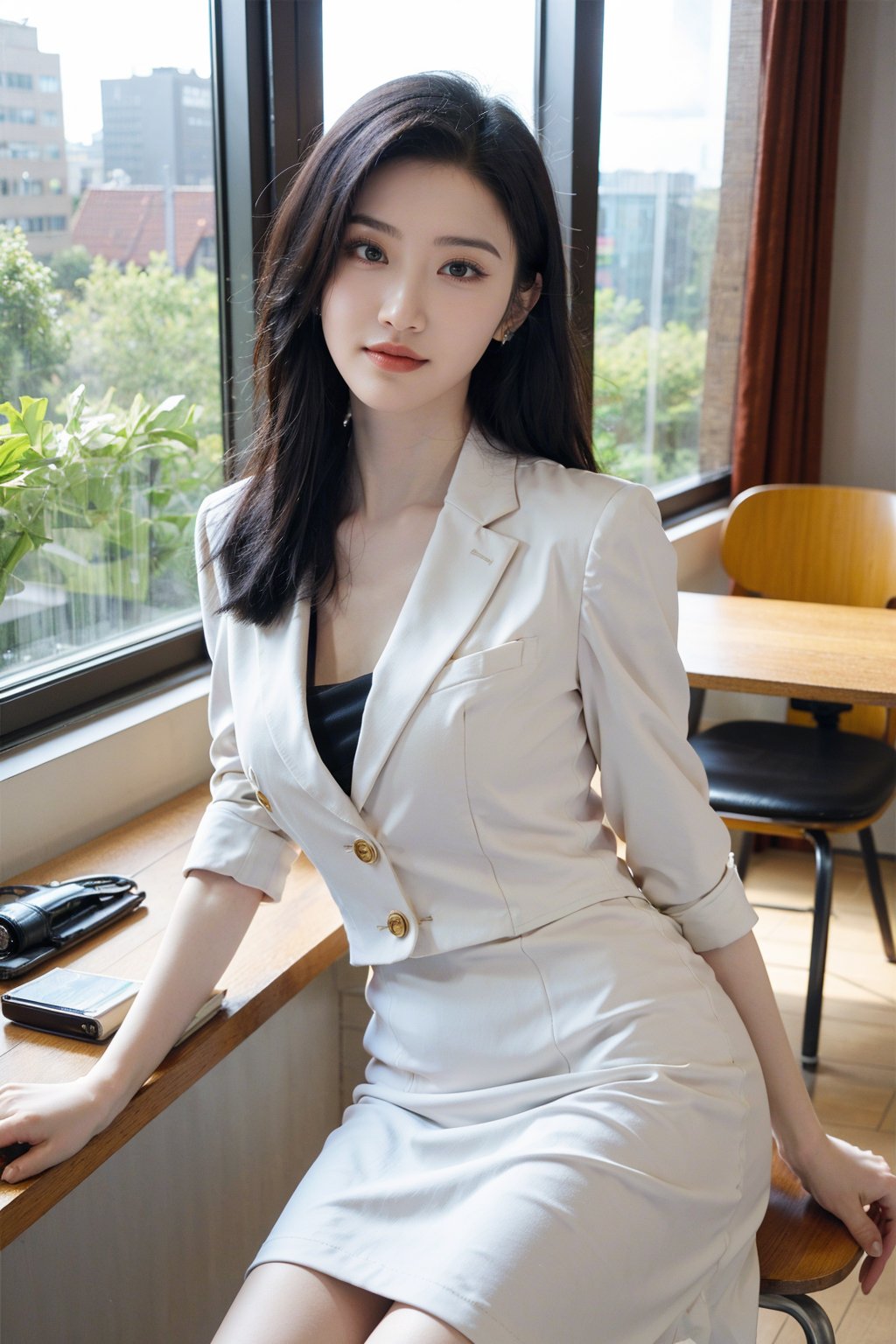 1girl, office lady, solo, (20yo), beautiful, detailed eyes, black hair, long hair, professional attire, suit jacket, pencil skirt, high heels, sitting at desk, computer on desk, office environment, modern interior, window view, sunlight, beautifully detailed background, depth of field, realistic, ambient light, (cinematic composition:1.3), HDR, Accent Lighting, wide-angle lens, best quality, masterpiece