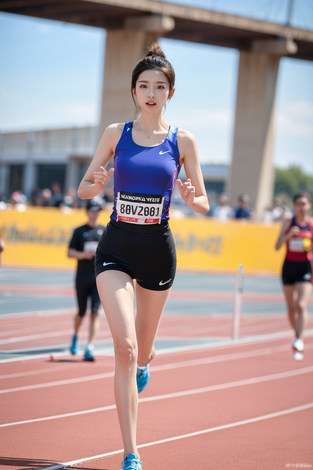 1girl, black hair, beautiful, marathon runner, competition, athletic outfit, running shoes, dynamic pose, sweating, determined expression, (track and field:1.3), sports track, clear sky, daytime, vibrant atmosphere, realistic style, wide-angle lens, best quality, masterpiece