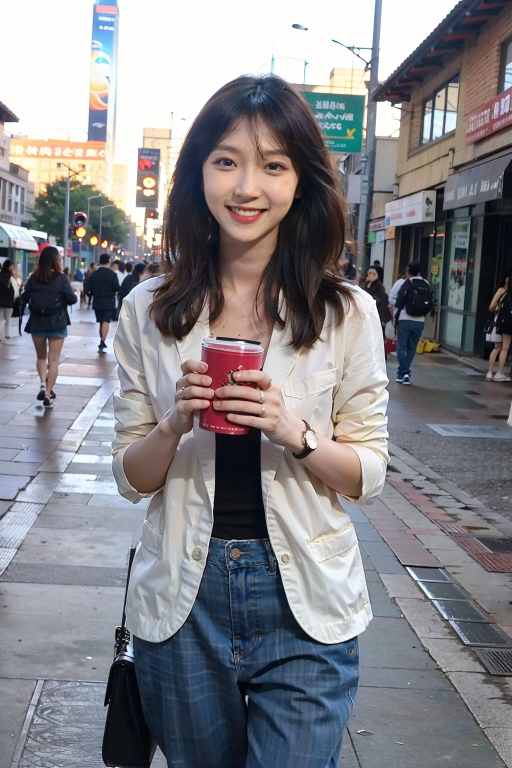 best quality,masterpiece,ultra high res,looking at viewer,simple background, 1girl, solo, looking_at_viewer, black hair,realistic,slim,(smile)(,Walking on the street),