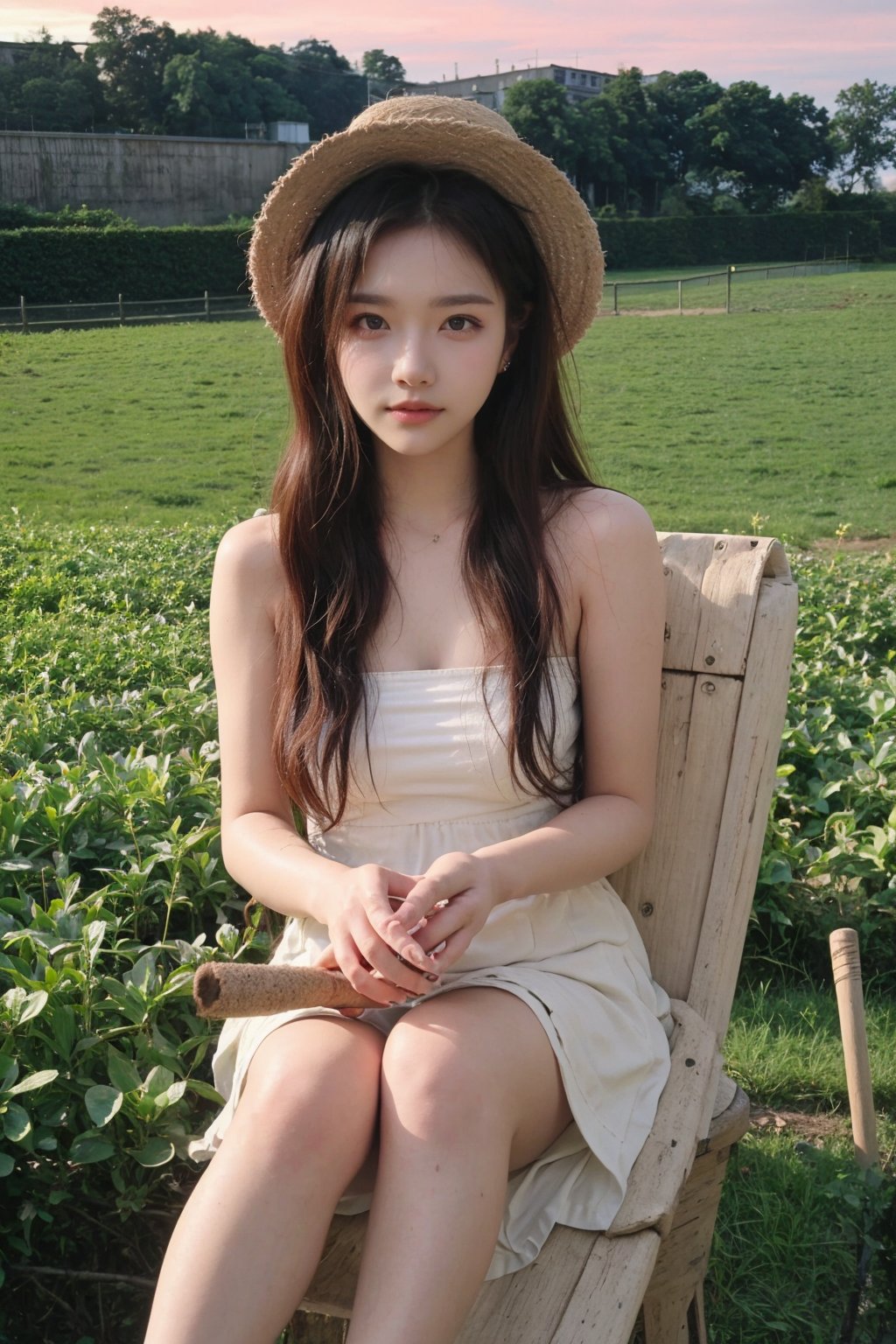 1girl, beautiful, black hair, long hair, farmer, field, agriculture, (18yo), innocent, detailed eyes, green dress, straw hat, holding scythe, wheat, sunset, peaceful, serene, rural, natural light, high resolution, best quality, masterpiece. 