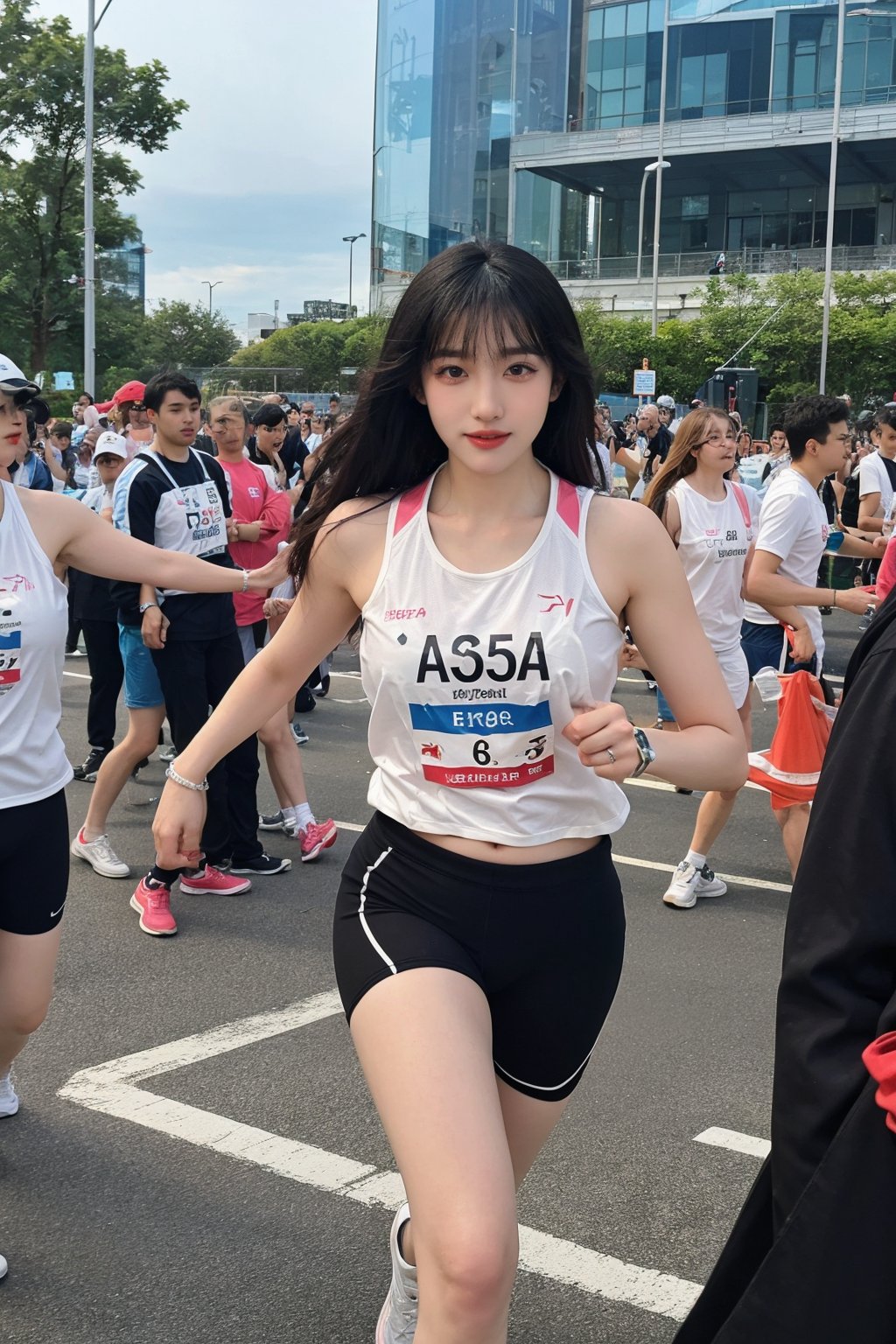 1girl, marathon runner, black hair, young, energetic, sportswear, running shoes, number bib, race track, crowd cheering, clear sky, sun shining, vibrant colors, dynamic pose, sweat detail, focused expression, (muscle tone:1.2), (skin glow:1.1), wide-angle lens, best quality, masterpiece.