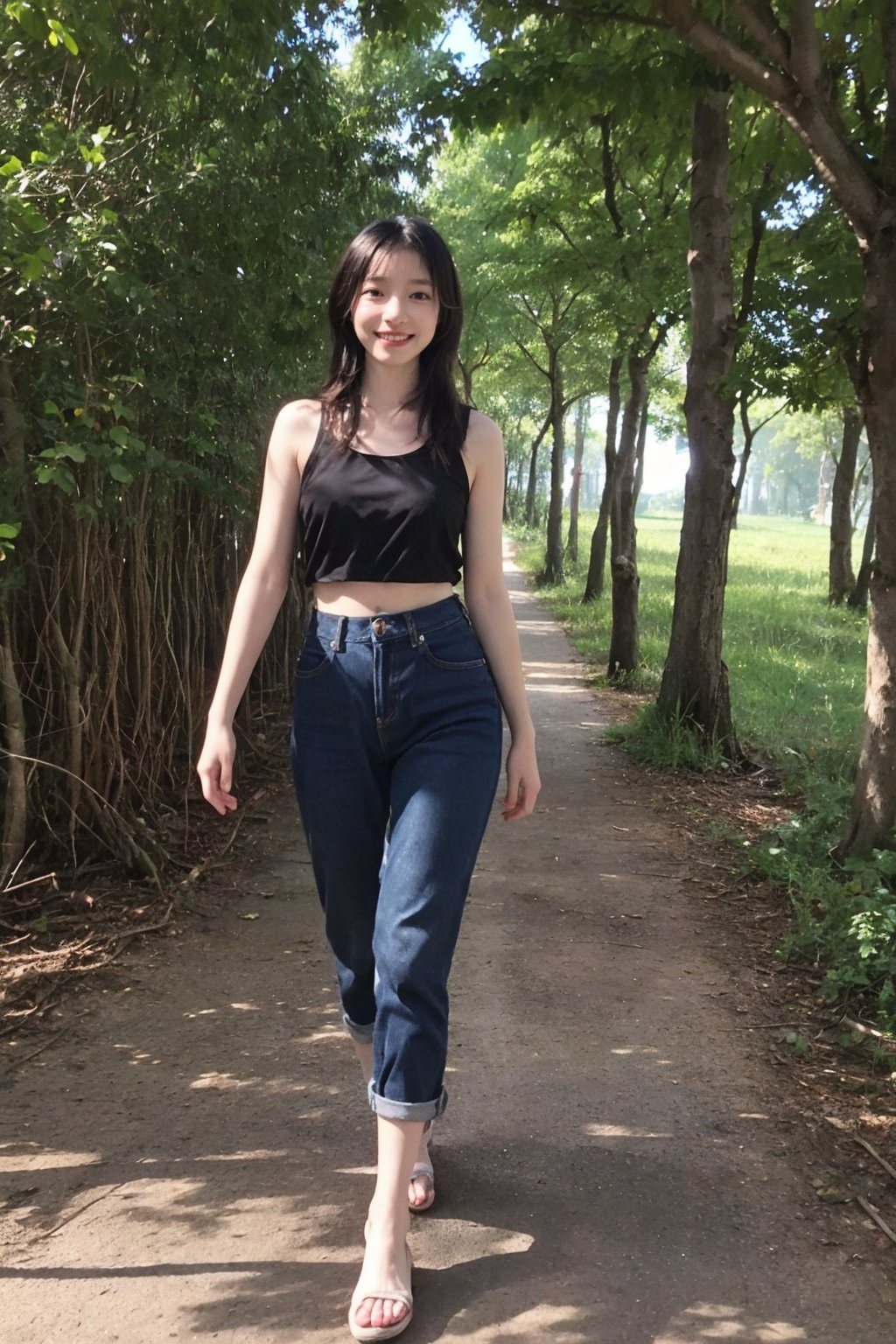 1girl, black hair, long hair, (smiling:1.2), forest, walking, full body shot, green trees, sunlight filtering through leaves, peaceful expression, casual attire, natural scenery, realistic style, best quality, masterpiece.