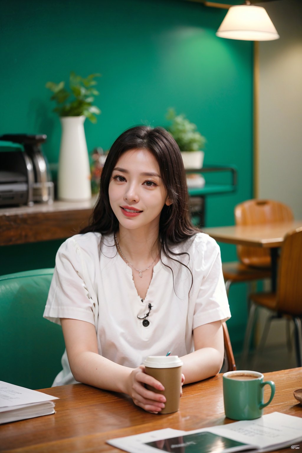 1girl, beautiful, black hair, smiling, sitting in a cafe, (18yo), detailed eyes, light blush, casual wear, white t-shirt, jeans, coffee cup in hand, surrounded by cafe ambiance, wooden tables, cozy lighting, books on shelves, (vintage clock:1.2), realistic, depth of field, ambient light, (cinematic composition:1.3), soft focus background, HDR, Accent Lighting, medium shot, best quality, masterpiece.