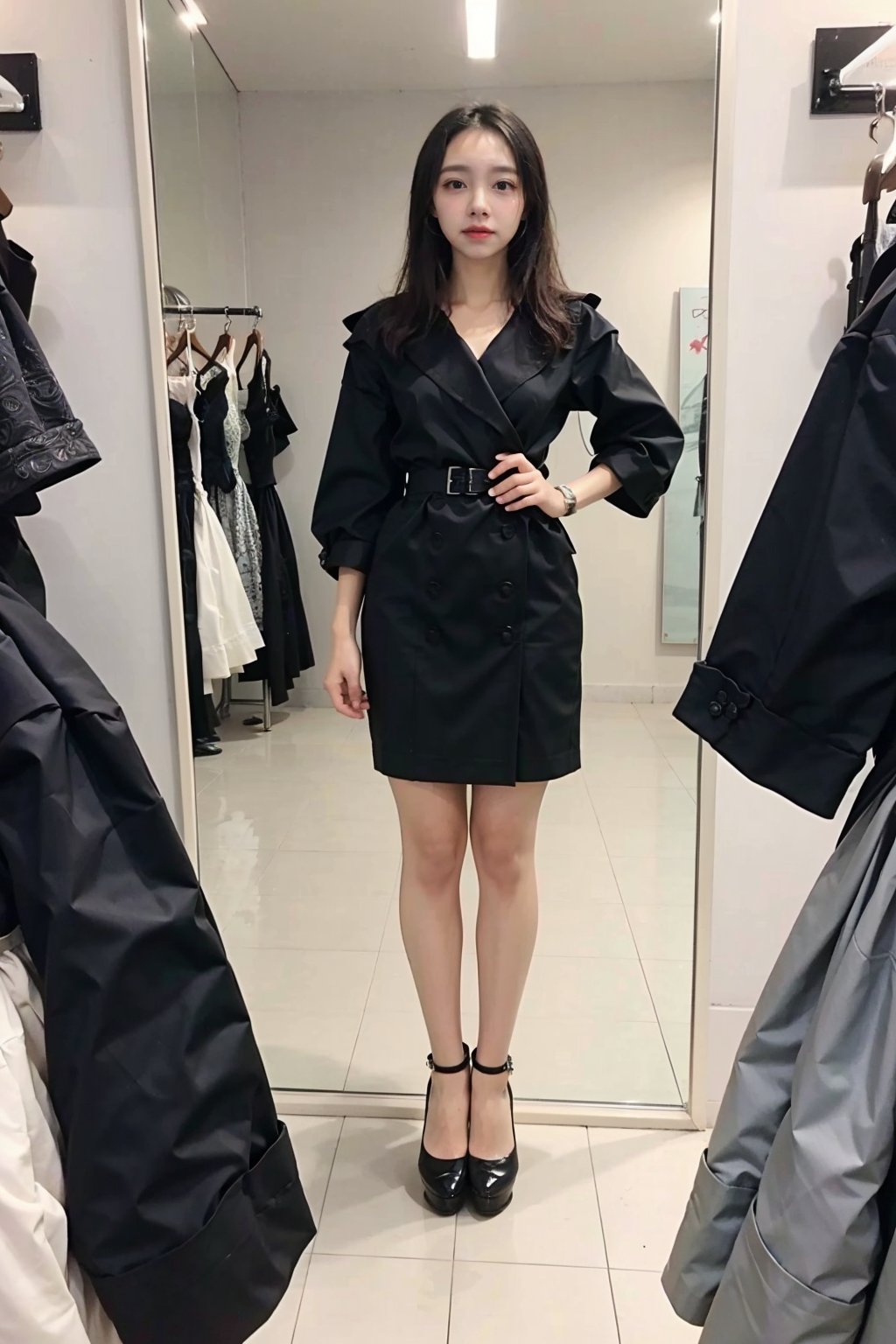 1girl, beautiful, black hair, teenager, (17yo), stunning eyes, trying on clothes, fitting room, mirror reflection, elegant posture, fashionable outfit, soft lighting, detailed background, realistic style, ambient light, (cinematic composition:1.3), high-quality fabrics, HDR, Accent Lighting, wide-angle lens, best quality, masterpiece.