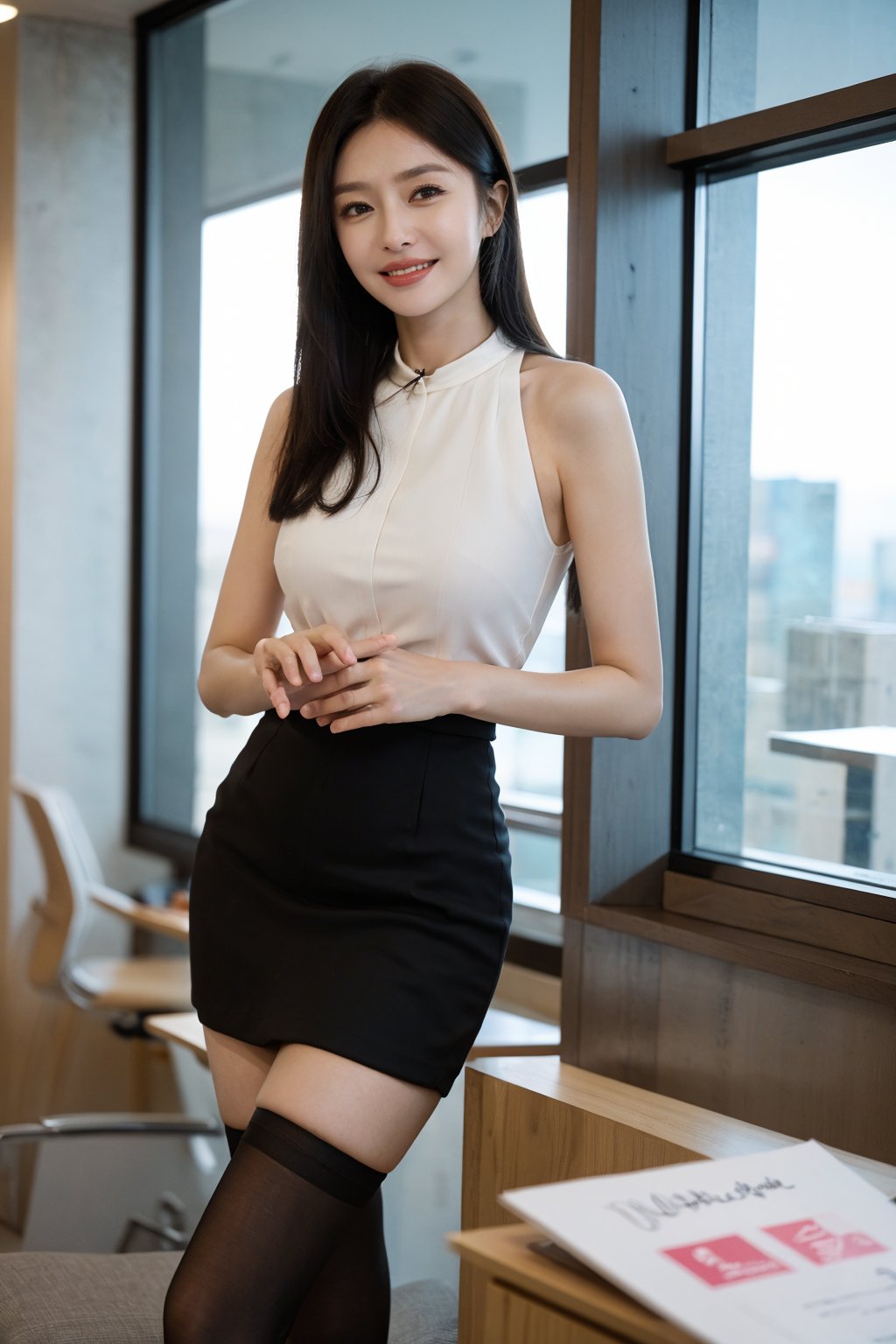 1girl, black hair, office setting, work uniform, standing pose, stockings, high heels, hands behind back, smiling, (young:1.2), elegant, professional, modern office interior, desk, computer, files, windows with city view, soft indoor lighting, depth of field, realistic style, (cinematic composition:1.3), best quality, masterpiece.