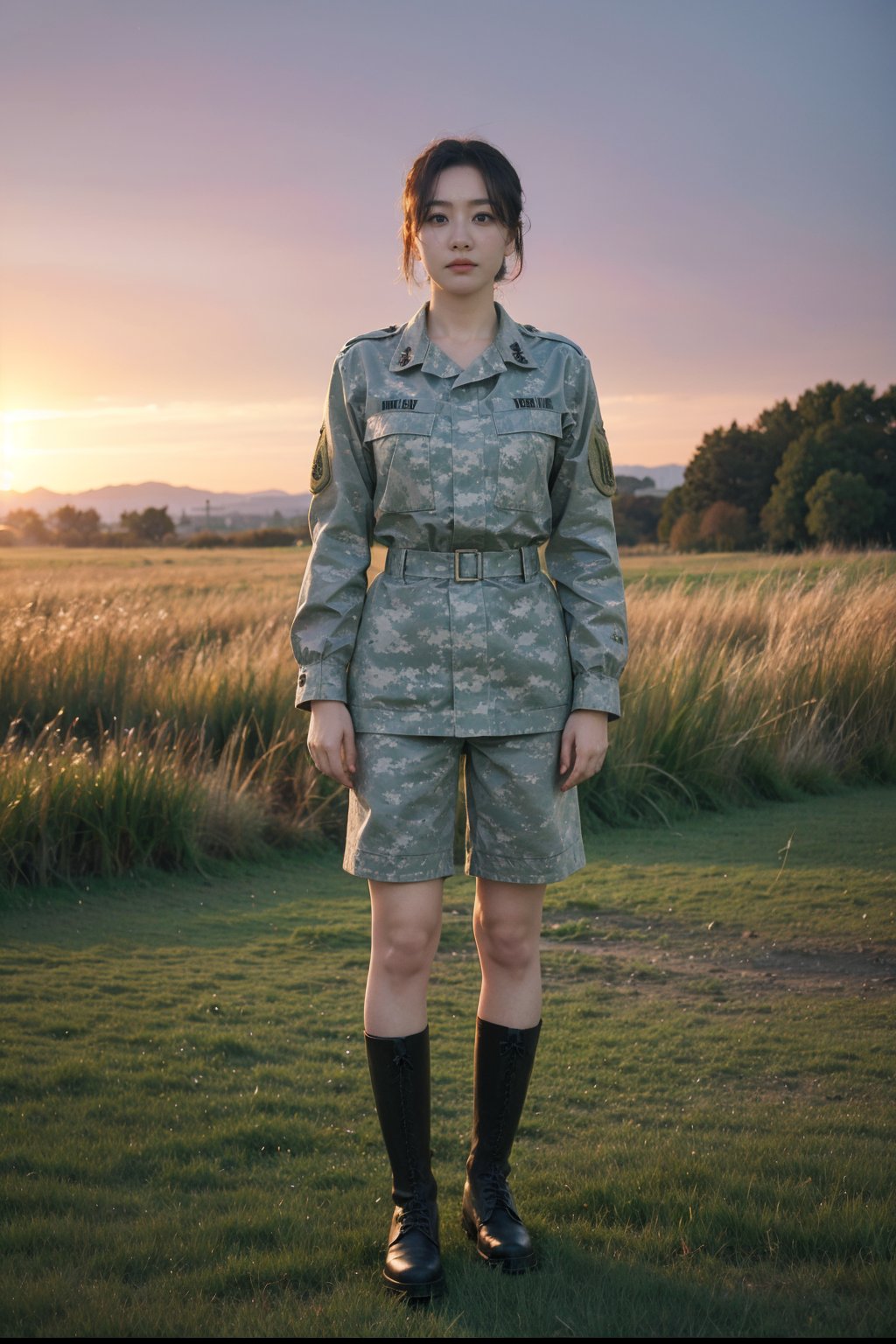 1girl, soldier, standing at attention, black hair, short hair, young (18yo), serious expression, military uniform, camouflage pattern, combat boots, outdoors, grass field, sunset, golden hour light, clear sky, detailed background, depth of field, realistic, ambient light, (cinematic composition:1.3), high definition, best quality, masterpiece