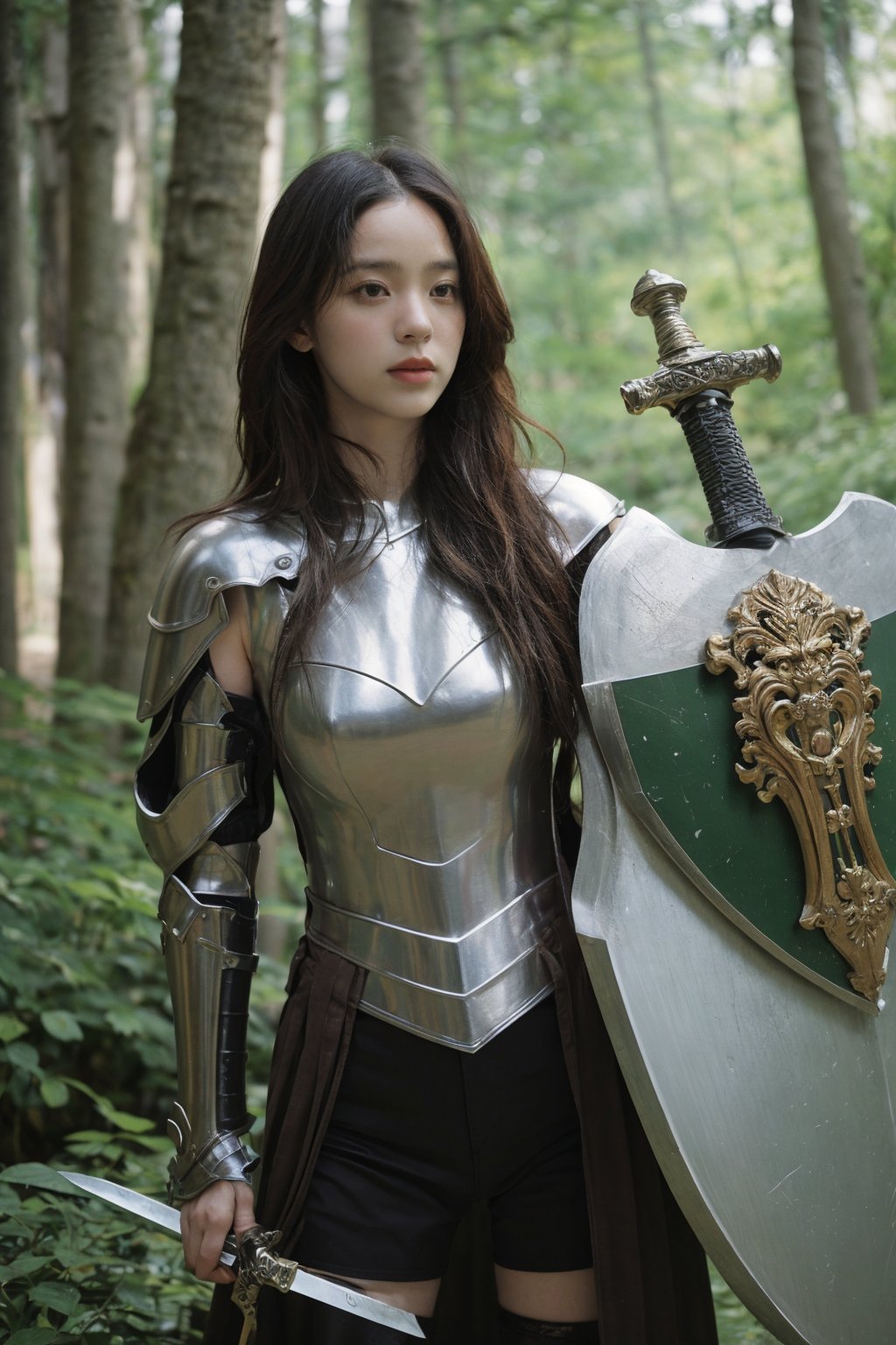 1girl, black hair, full body, armor, holding a sword and shield, forest background, (trees:1.2), (green leaves:1.3), (sunlight filtering through trees:1.1), detailed texture on armor, medieval style, determined expression, ready for battle, (shield design:0.8), (sword details:1.4), natural lighting, peaceful yet tense atmosphere, high resolution, best quality, masterpiece.